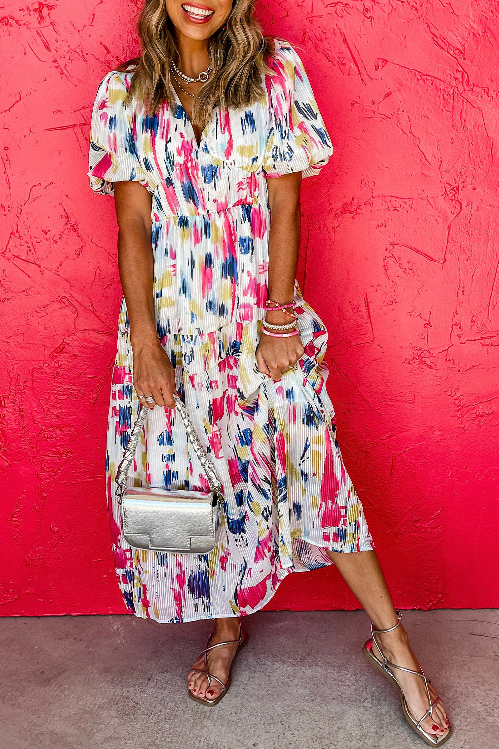 Rose Abstract Print Short Puff Sleeve Tiered Maxi Dress eAura
