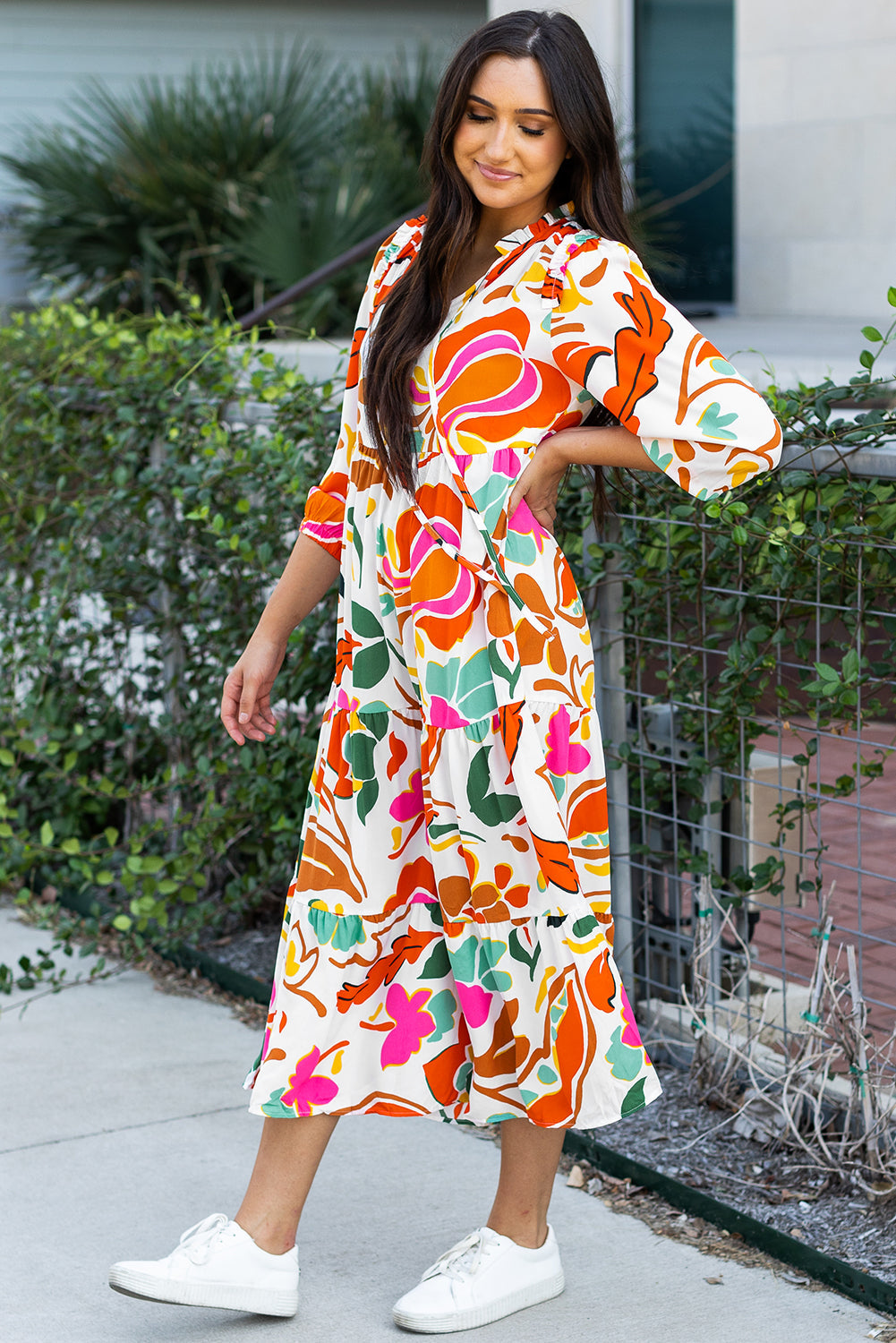 Orange Floral Print Split V Neck Tiered Maxi Dress eAura