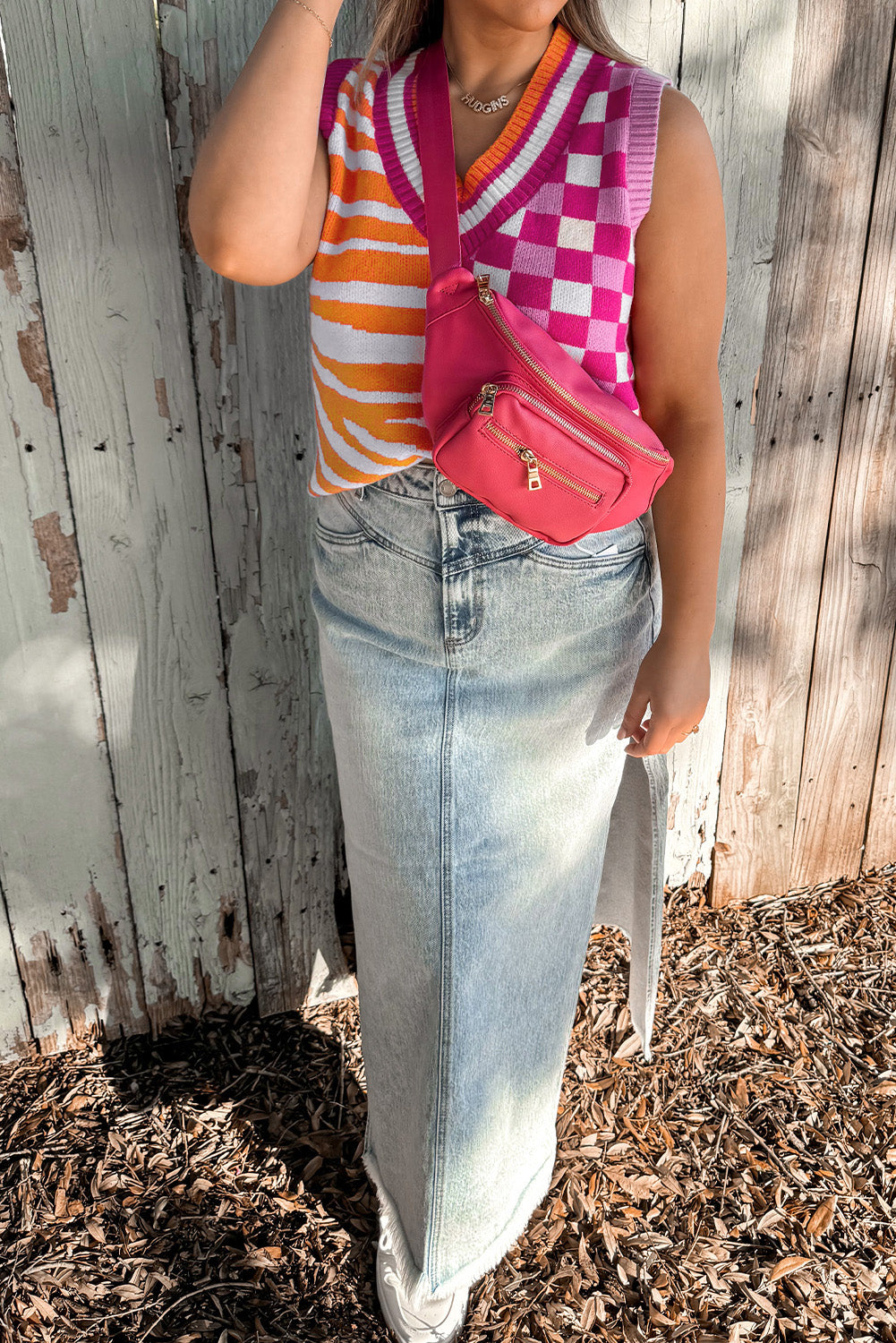 Striped Checkered Contrast Patchwork V-Neck Sweater Vest