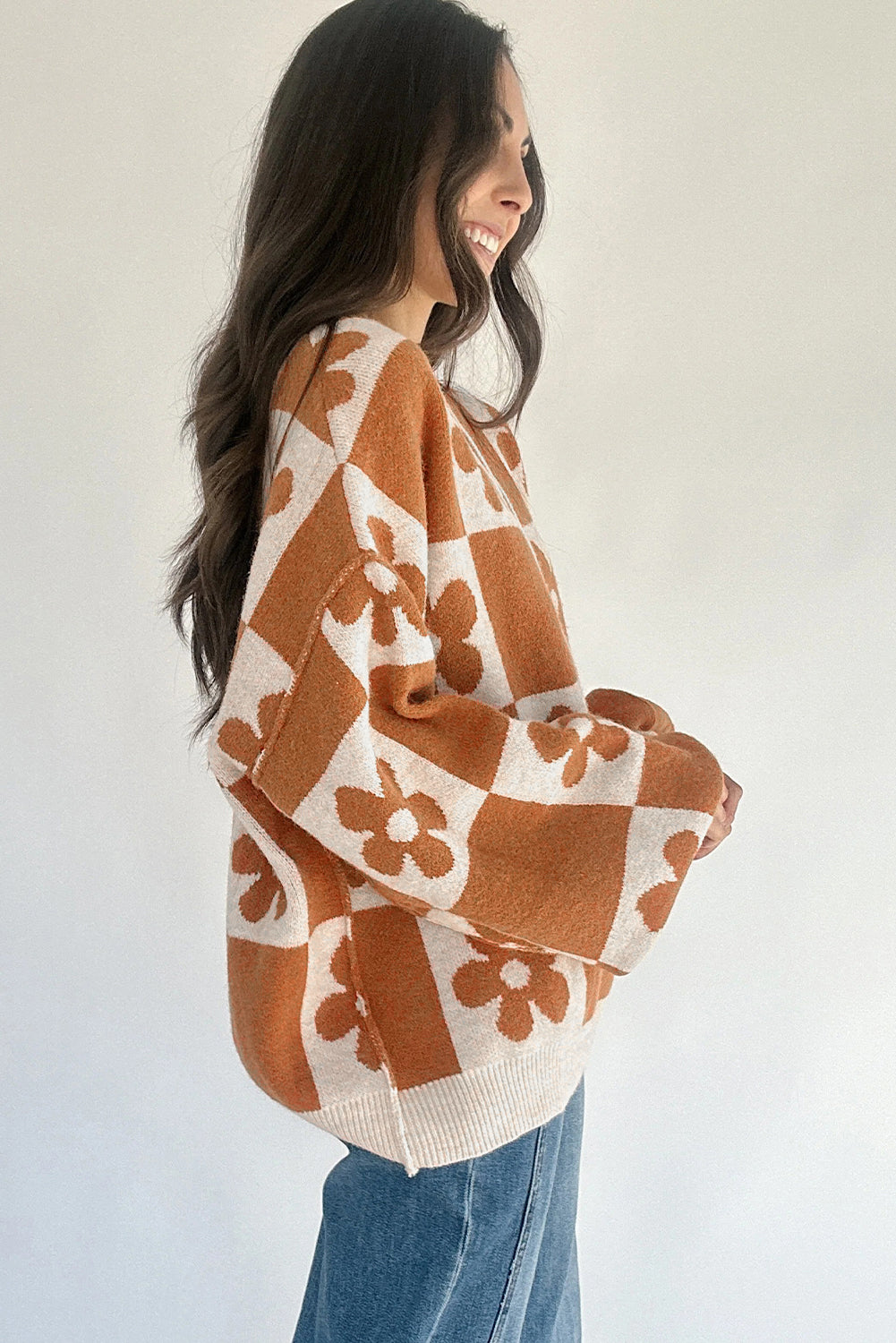 Flower Colourblock Checkered Henley Sweater - eAura