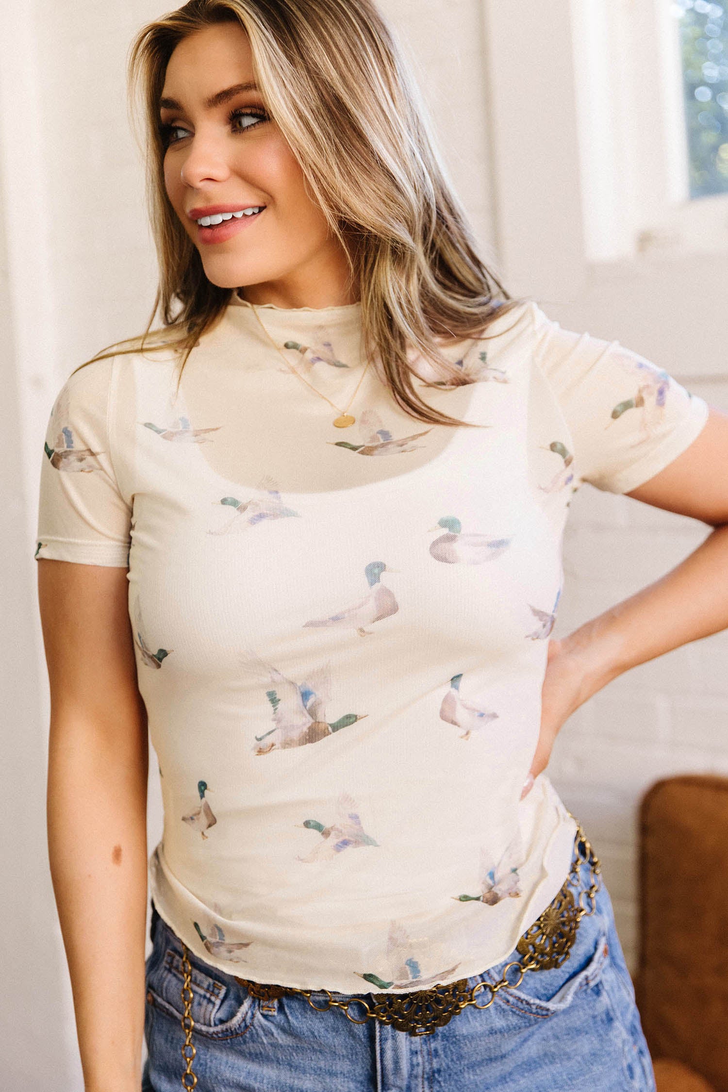 Beige Mallard Print Sheer Mesh Short Sleeve Top