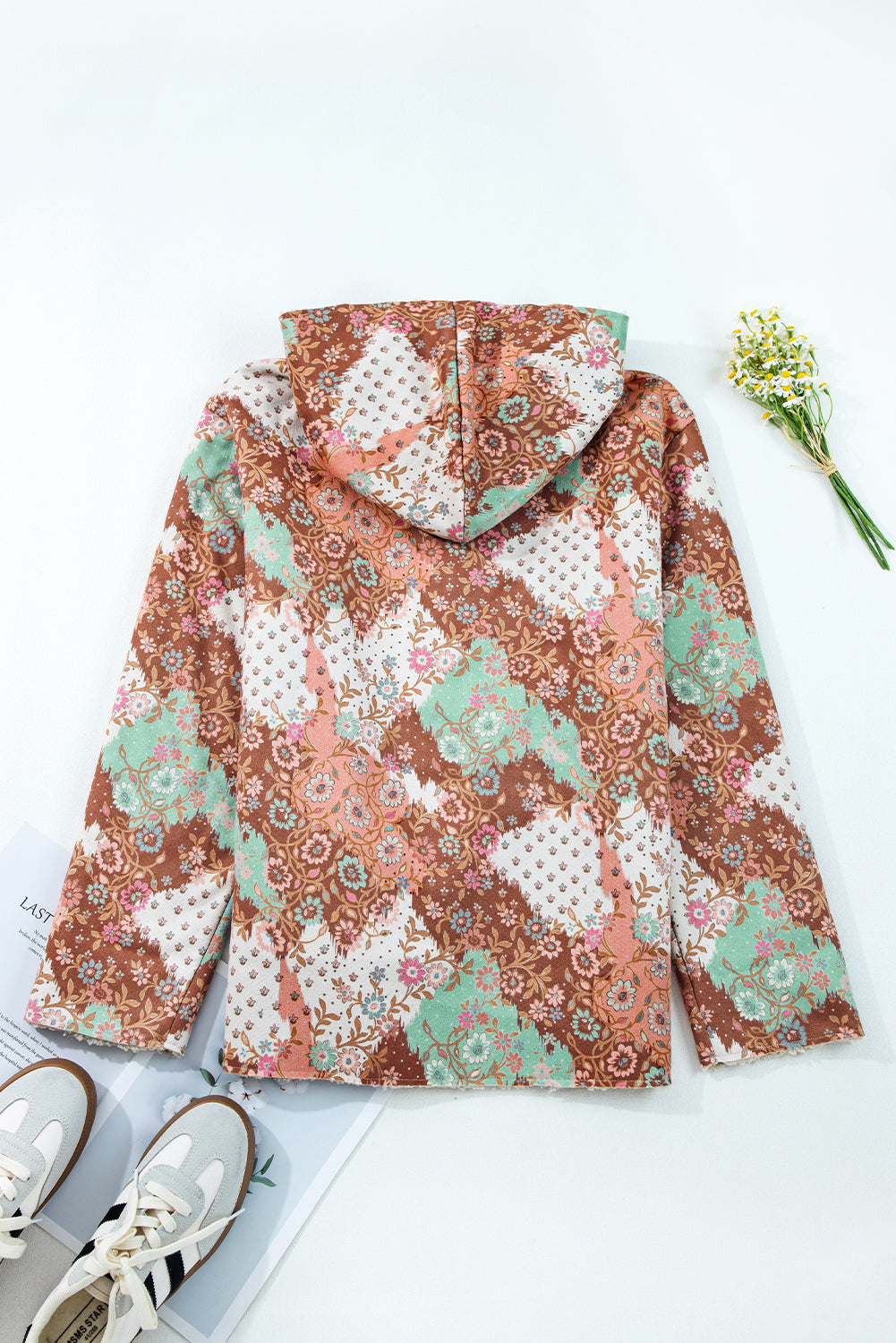Floral Printed Sherpa Lined Hooded Jacket eAura