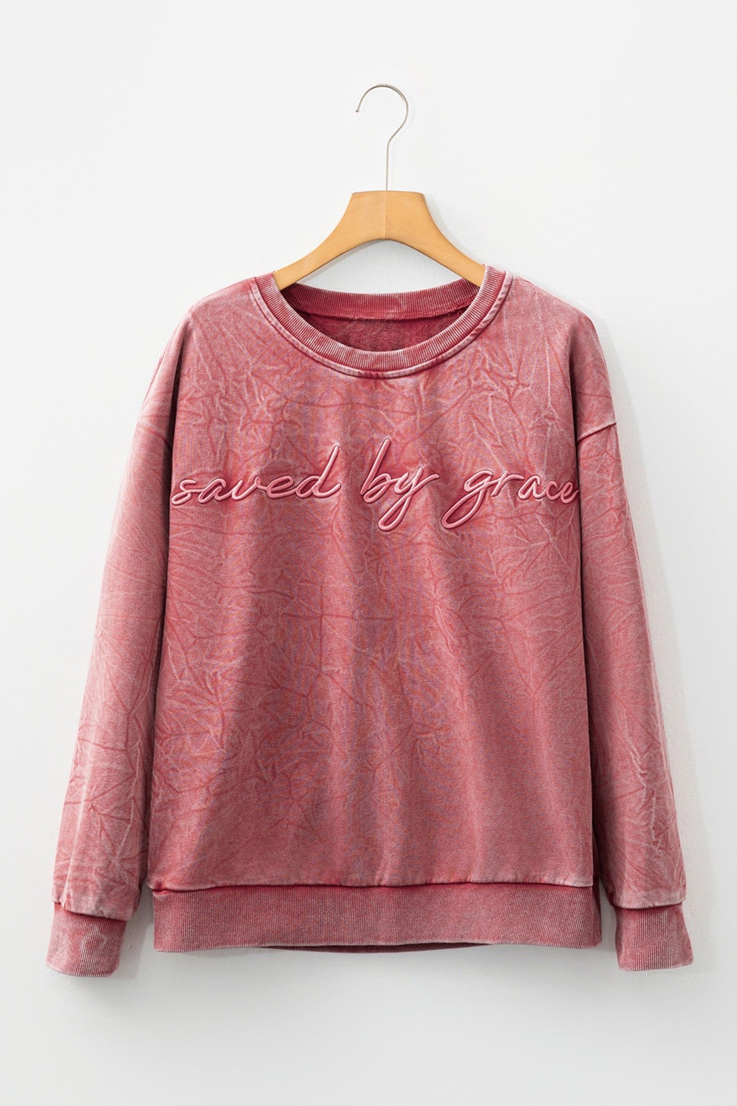 "Saved By Grace" Letter Embroidery Mineral Wash Loose Sweatshirt - eAura