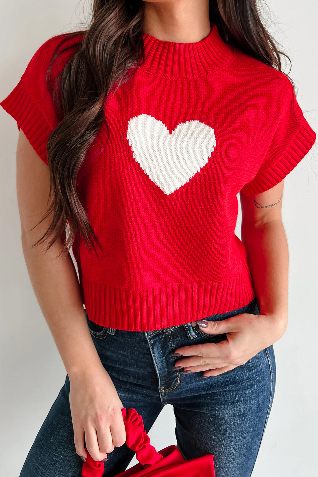 Heart Graphic Cropped Short Sleeve Sweater
