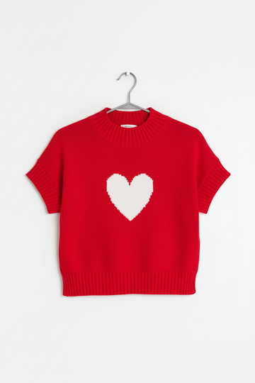 Heart Graphic Cropped Short Sleeve Sweater