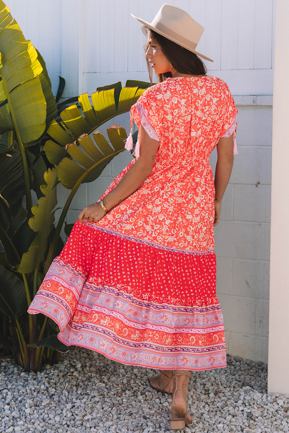 Red Floral Print Tasseled Tied Sleeve Empire Waist Maxi Dress eAura