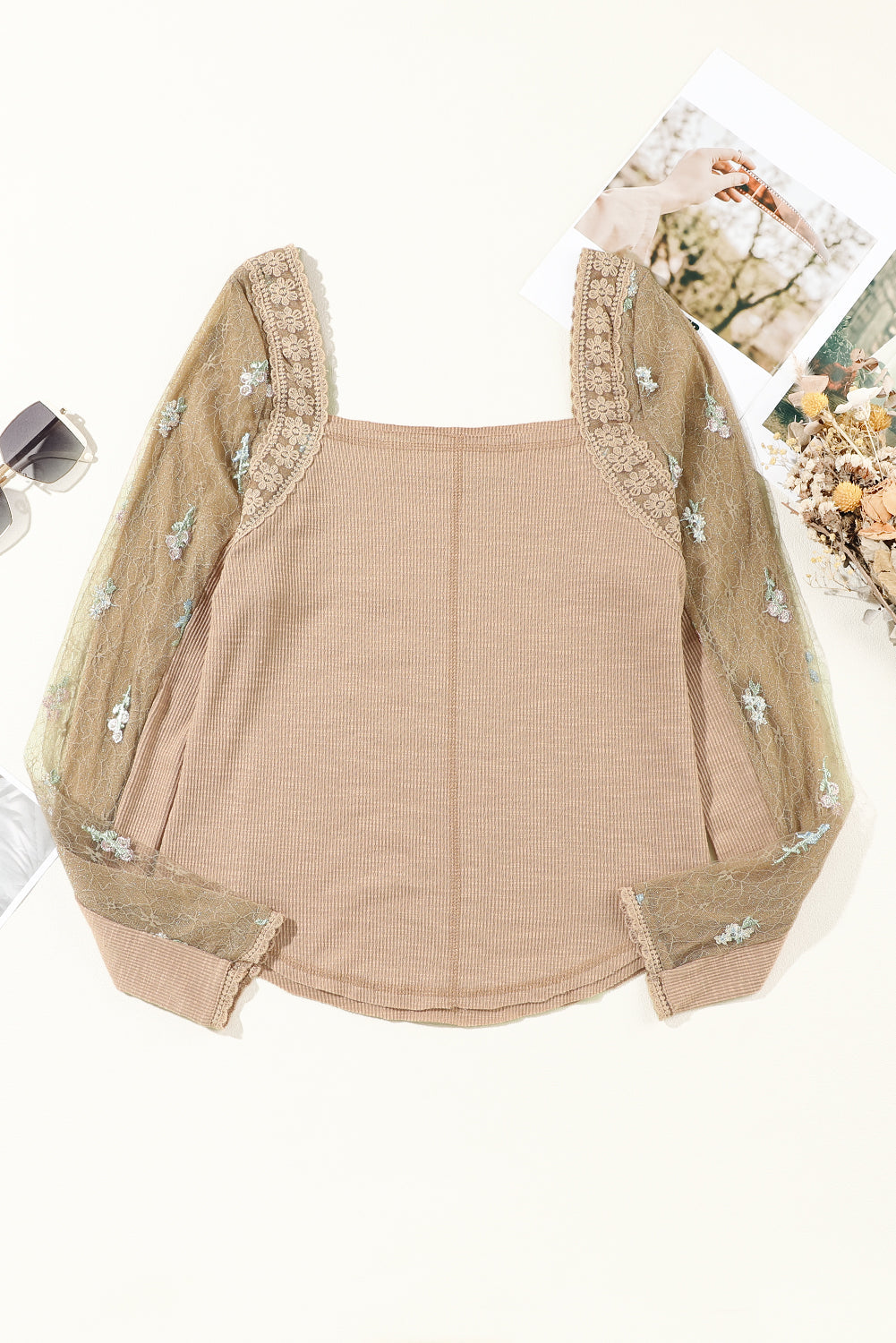 Light French Beige Floral Gauze Sleeve Patchwork Ribbed Knit Top eAura