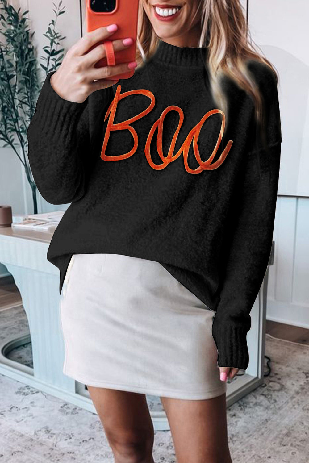 Black Boo Knitted Pattern Ribbed Edge Drop Shoulder Sweater eAura