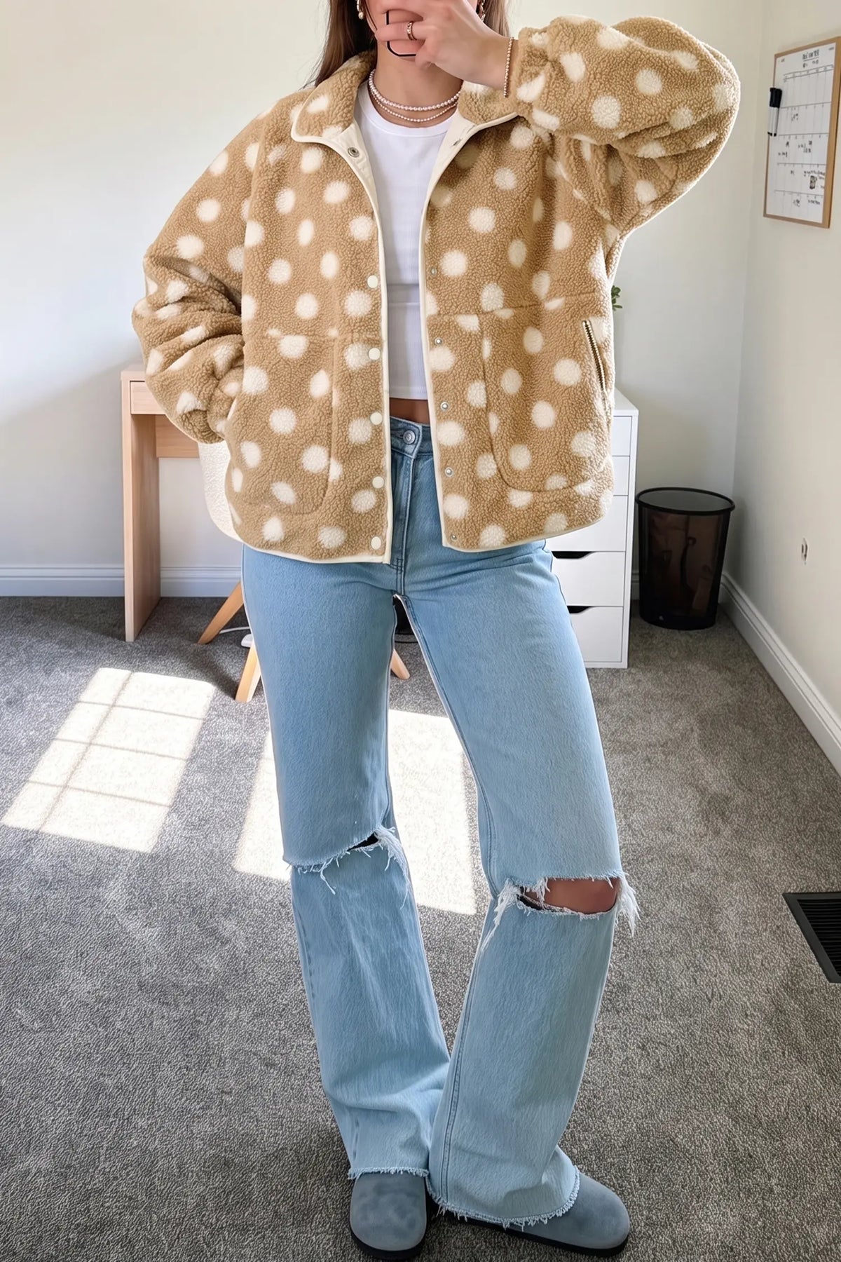 Faux Fur Jacket with Polka Dots and Metal Button Placket