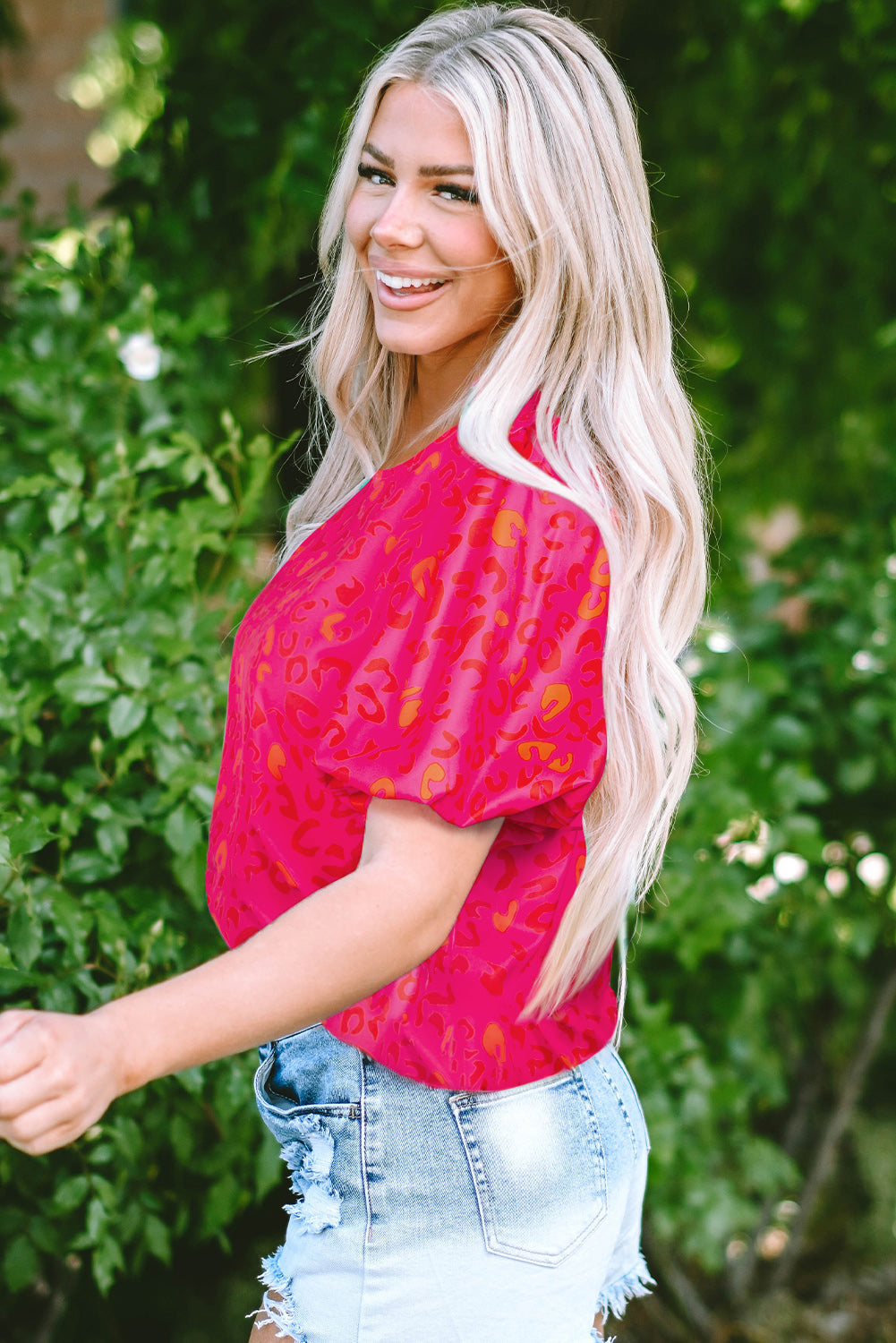 Rose Leopard Printed Puff Sleeve Top eAura