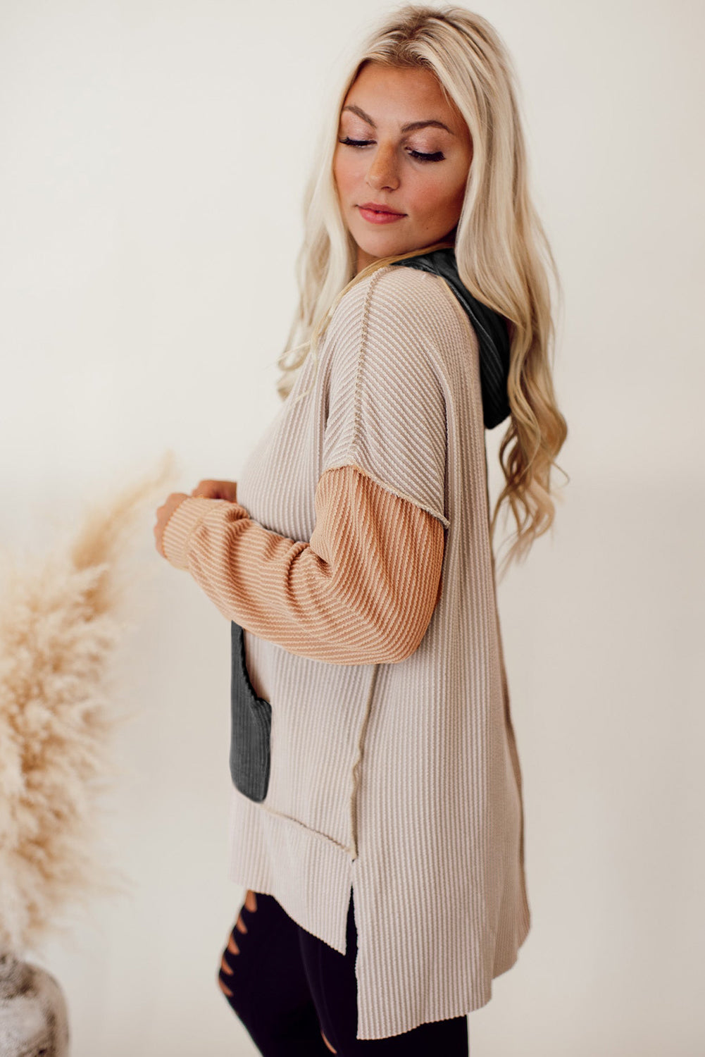 Smoke Grey Colour Block High Low Textured Hoodie eAura