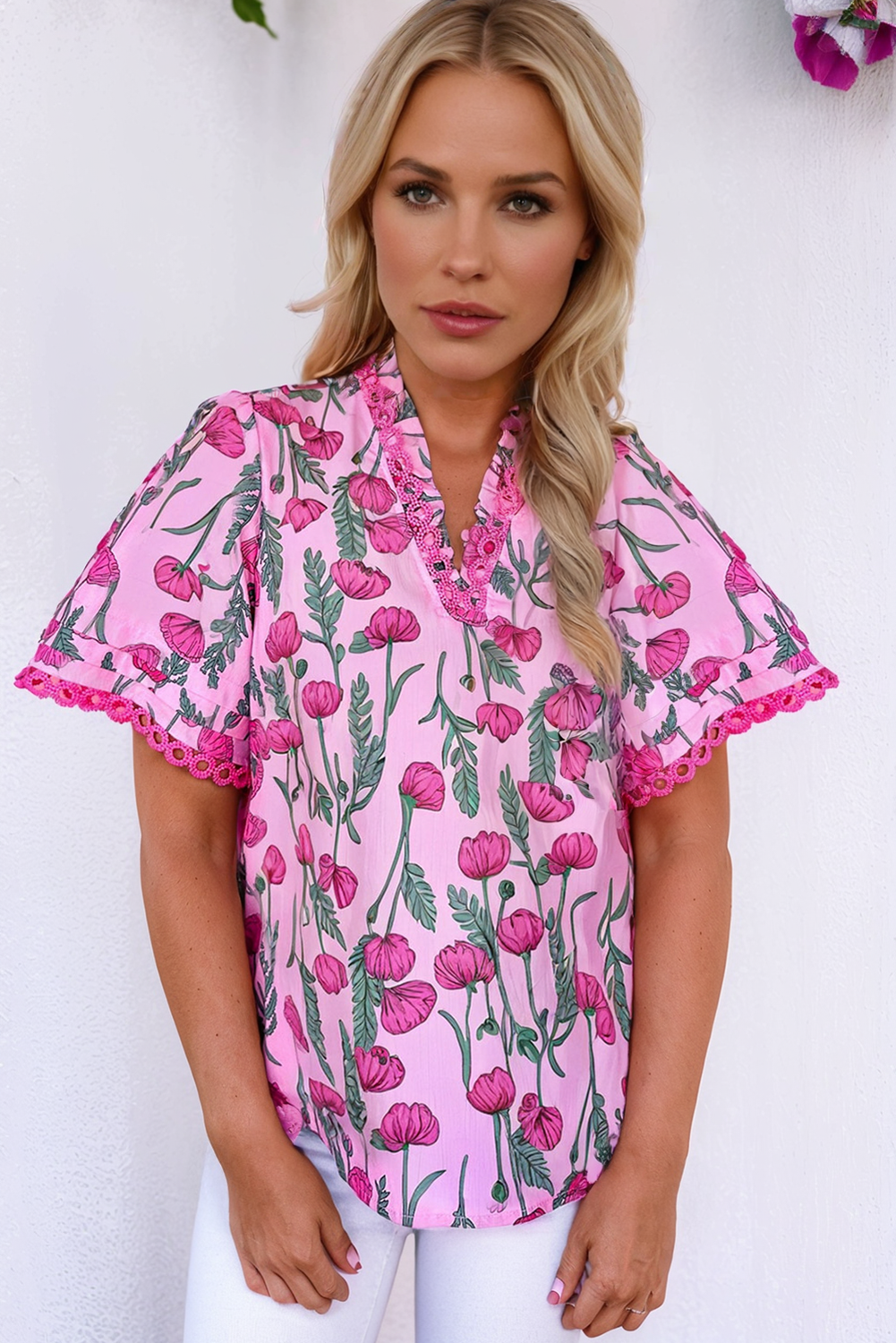 Pink Floral Lace Detail Frilled V Neck Summer Blouse Dear-Lover Dropshipping