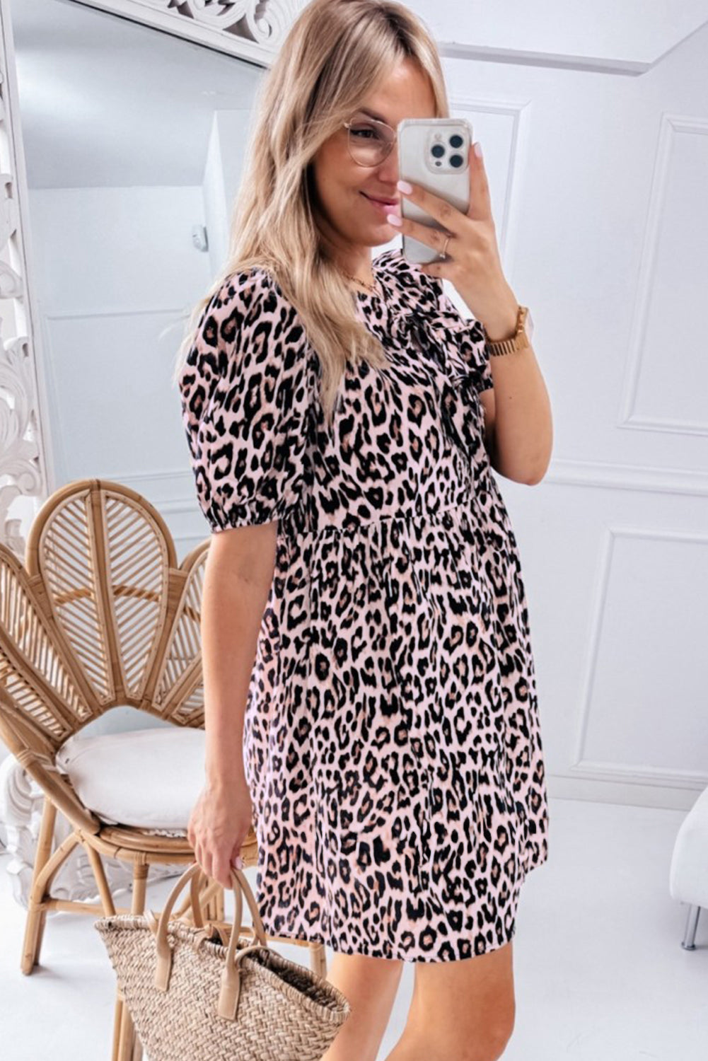 Leopard Print Tied Front Keyhole Puff Short Sleeve Mini Dress eAura