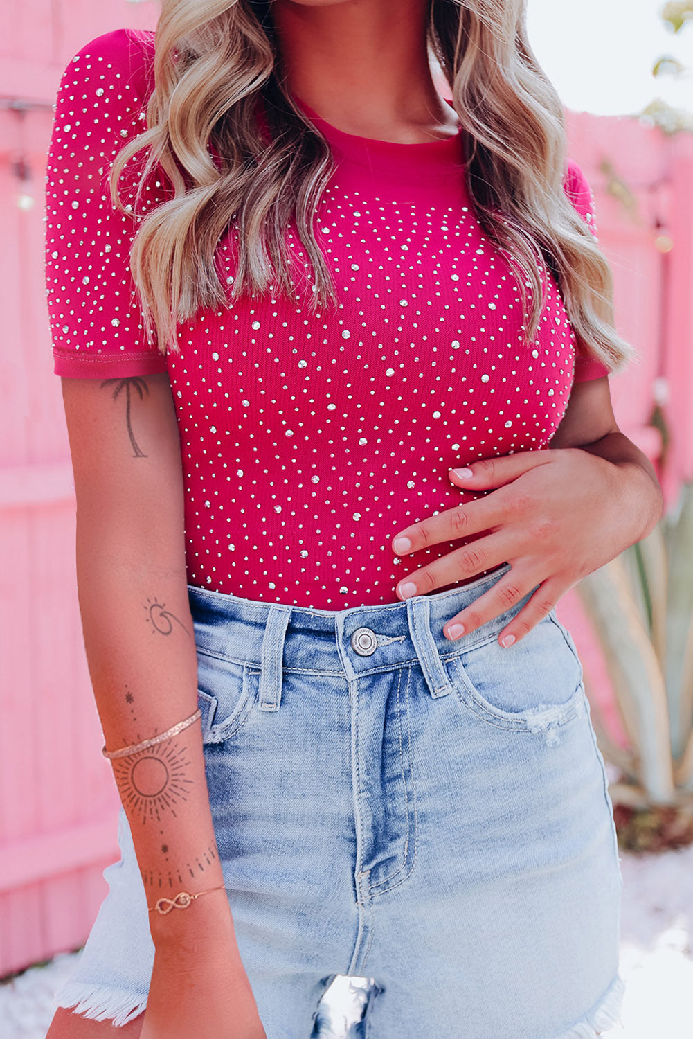 Rose Rhinestone Allover Round Neck Short Sleeve Bodysuit BB Fashion Outlet