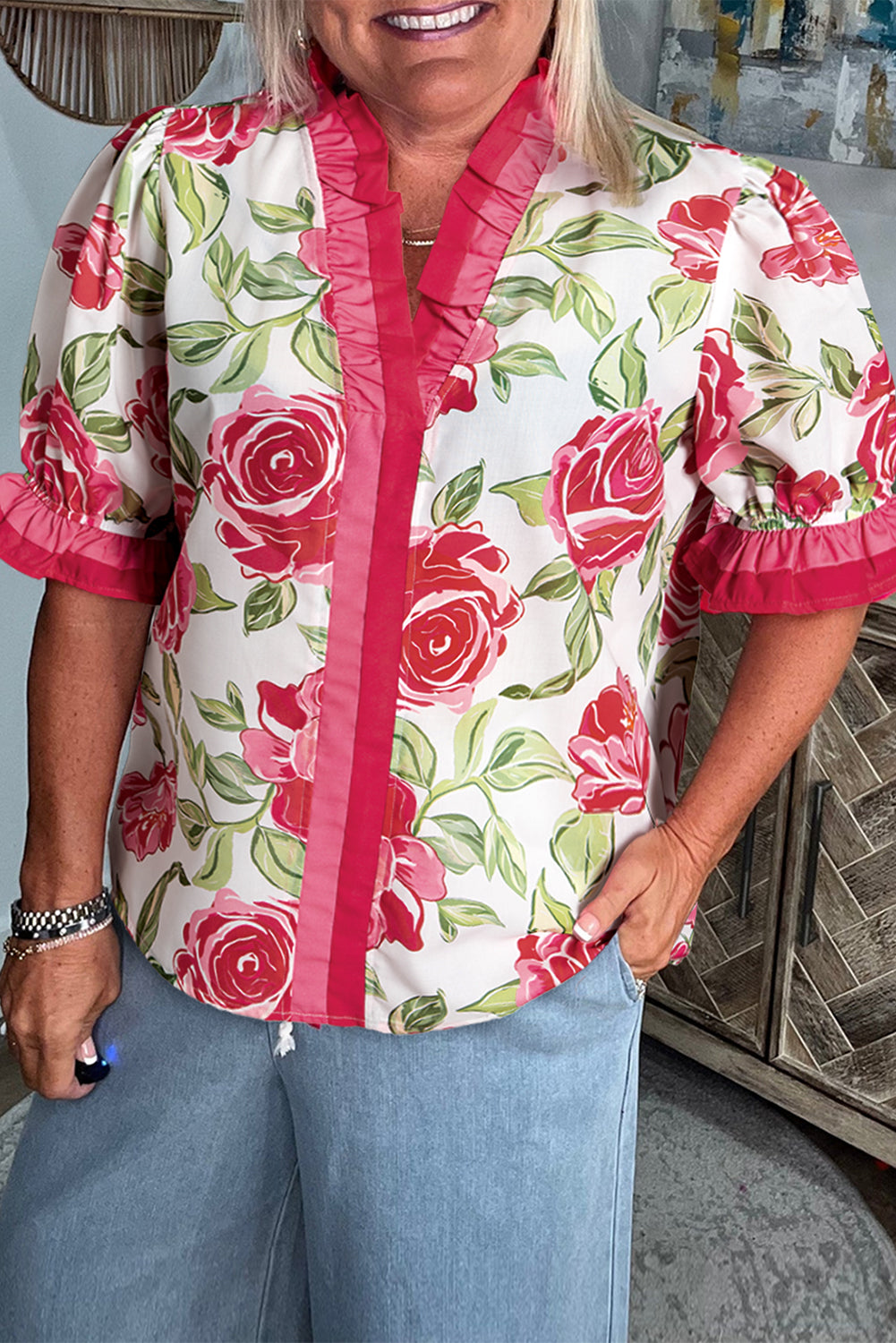 Rose Plus Size Floral Print Frilled Stripes Detail Short Sleeve Blouse BB Fashion Outlet