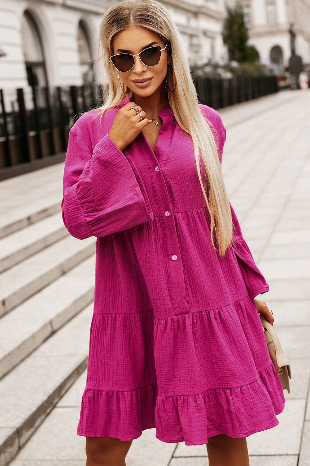 Rose Crinkled Tiered Split Neck Shirt Dress eAura
