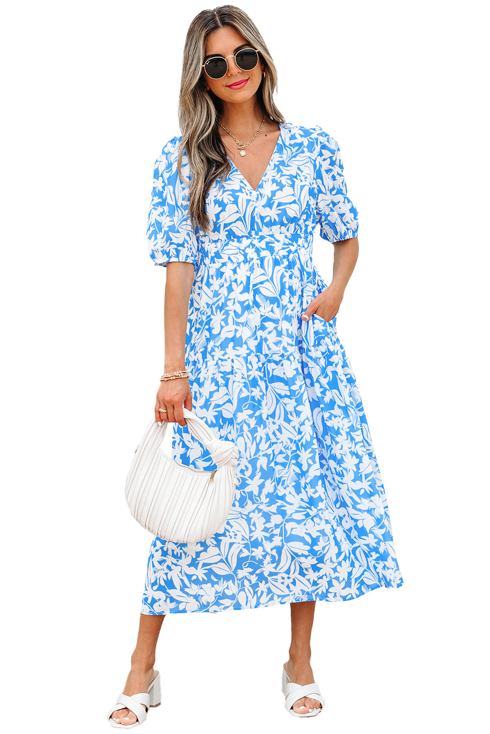Sky Blue Floral V Neck Puff Short Sleeve Flowy Long Dress eAura