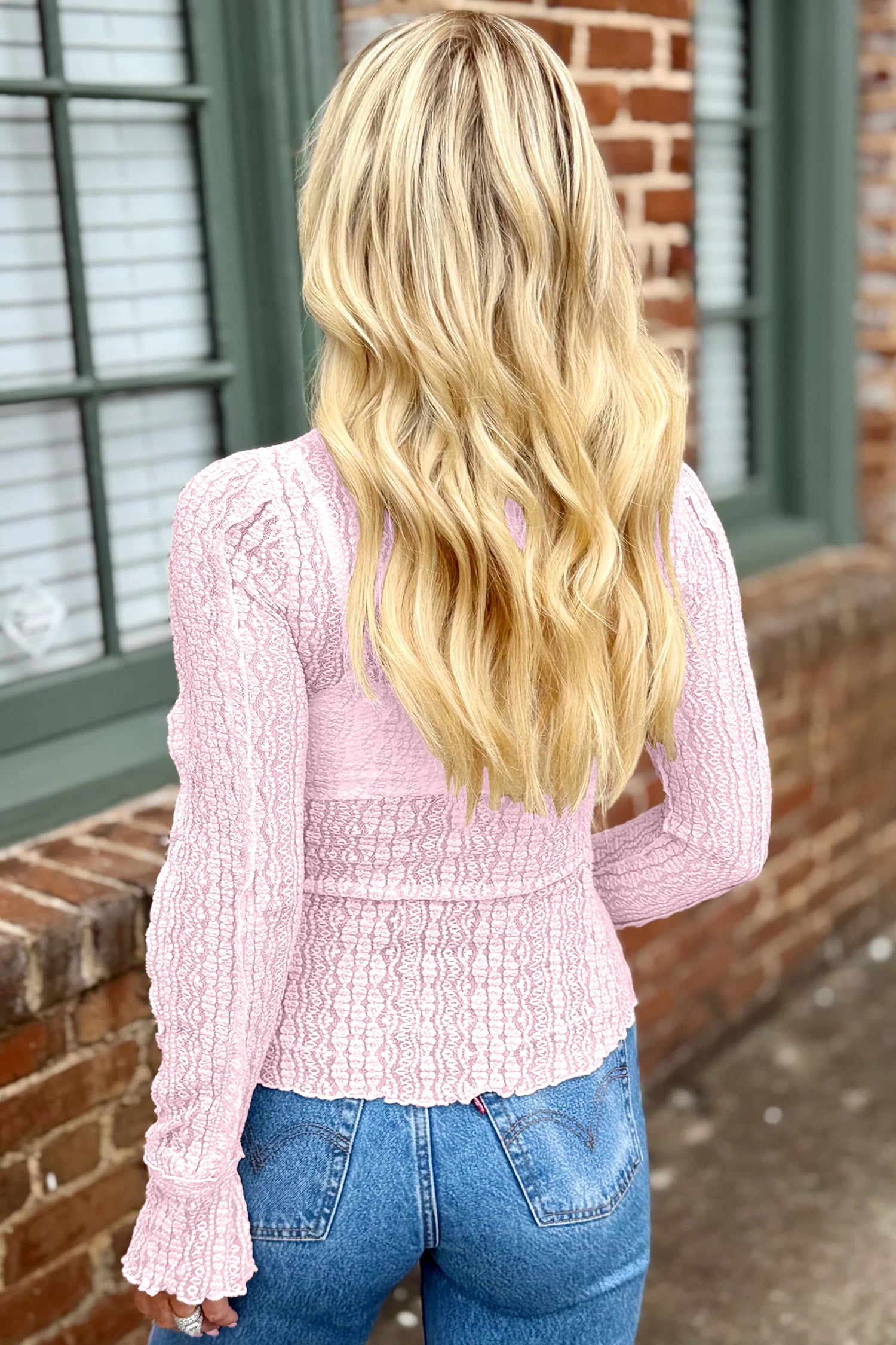 Flounced Long Sleeve Mock Neck Sheer Lace Top