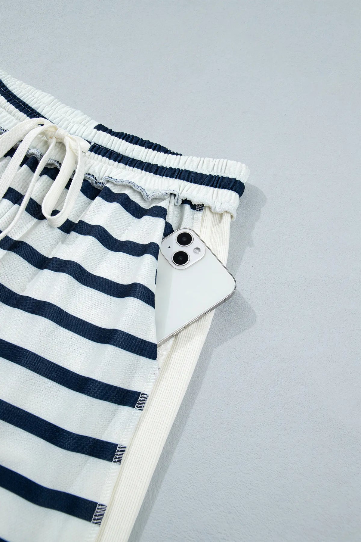 Striped Ribbed Cuff Collar Pocket Loose Pant Set – Blue Stripe