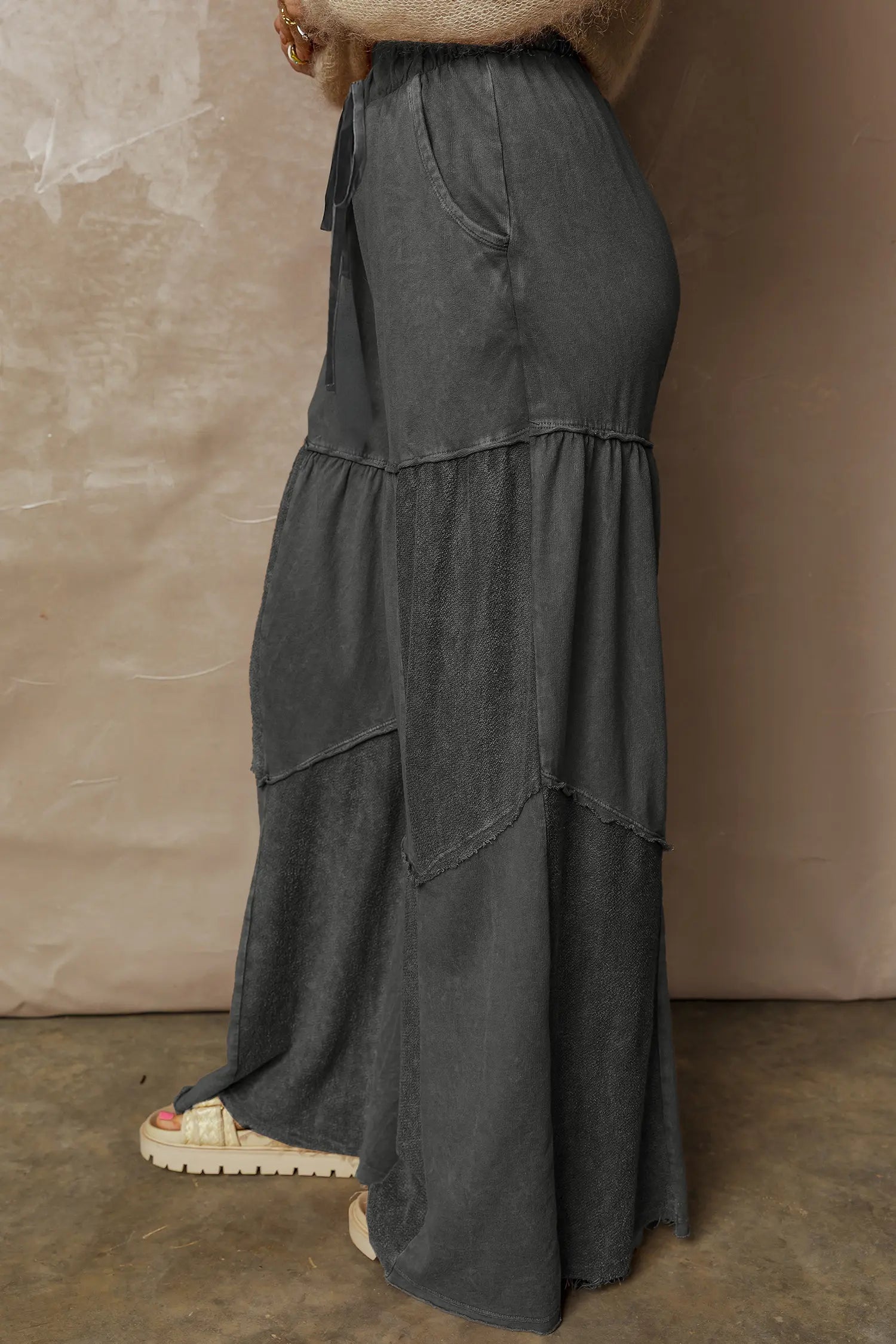 Vineyard Green Mineral Wash Tiered Wide Leg Patchwork Drawstring Pants
