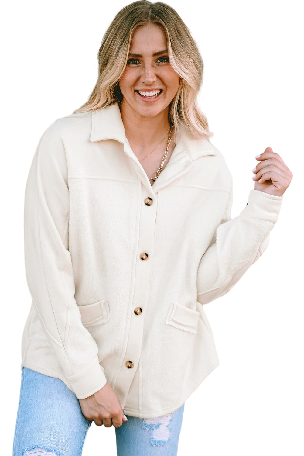 Beige Button-Up Stitching Pocket Raw Hem Shacket eAura