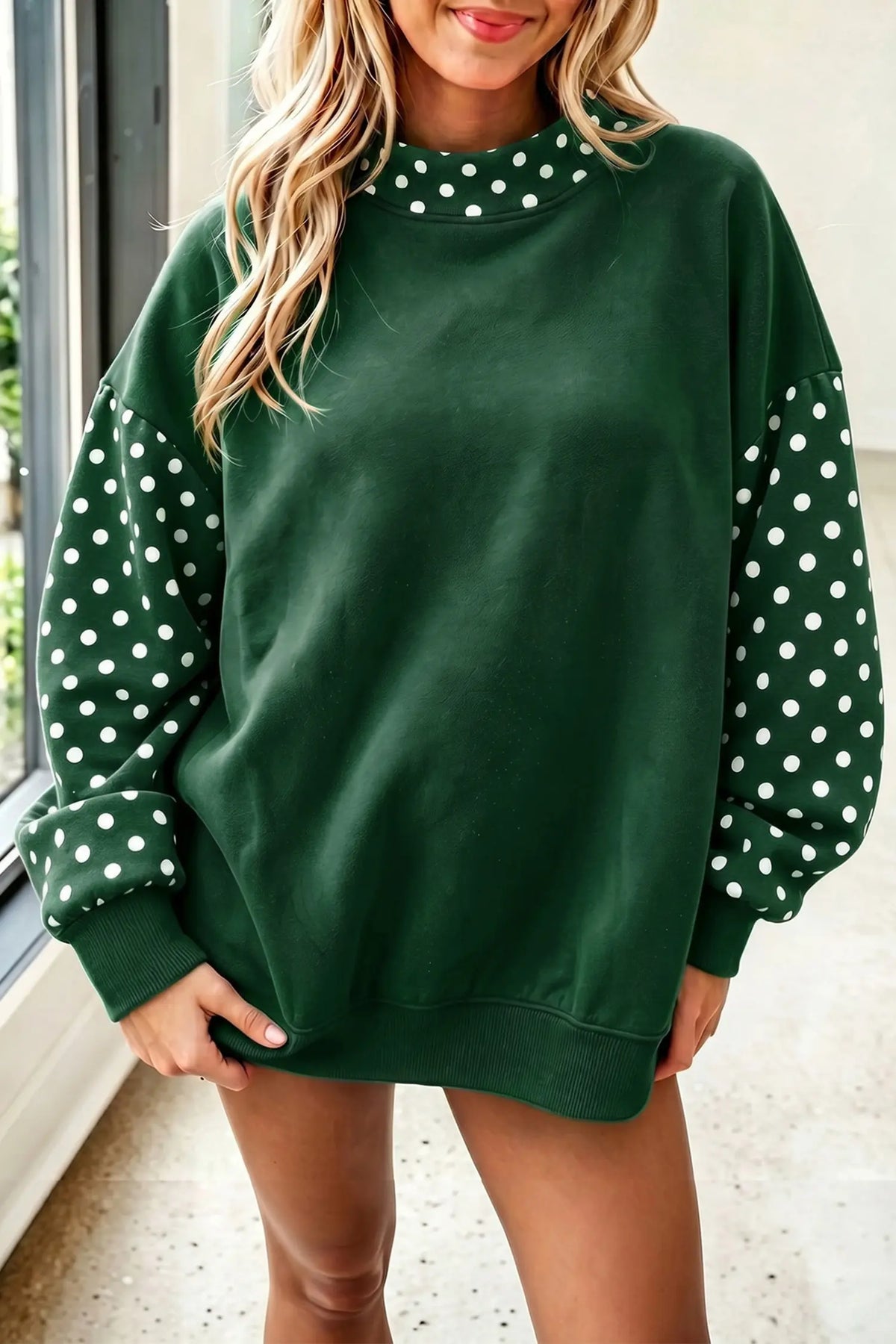 Baggy Sweatshirt Polka Dot Contrast Long Sleeve