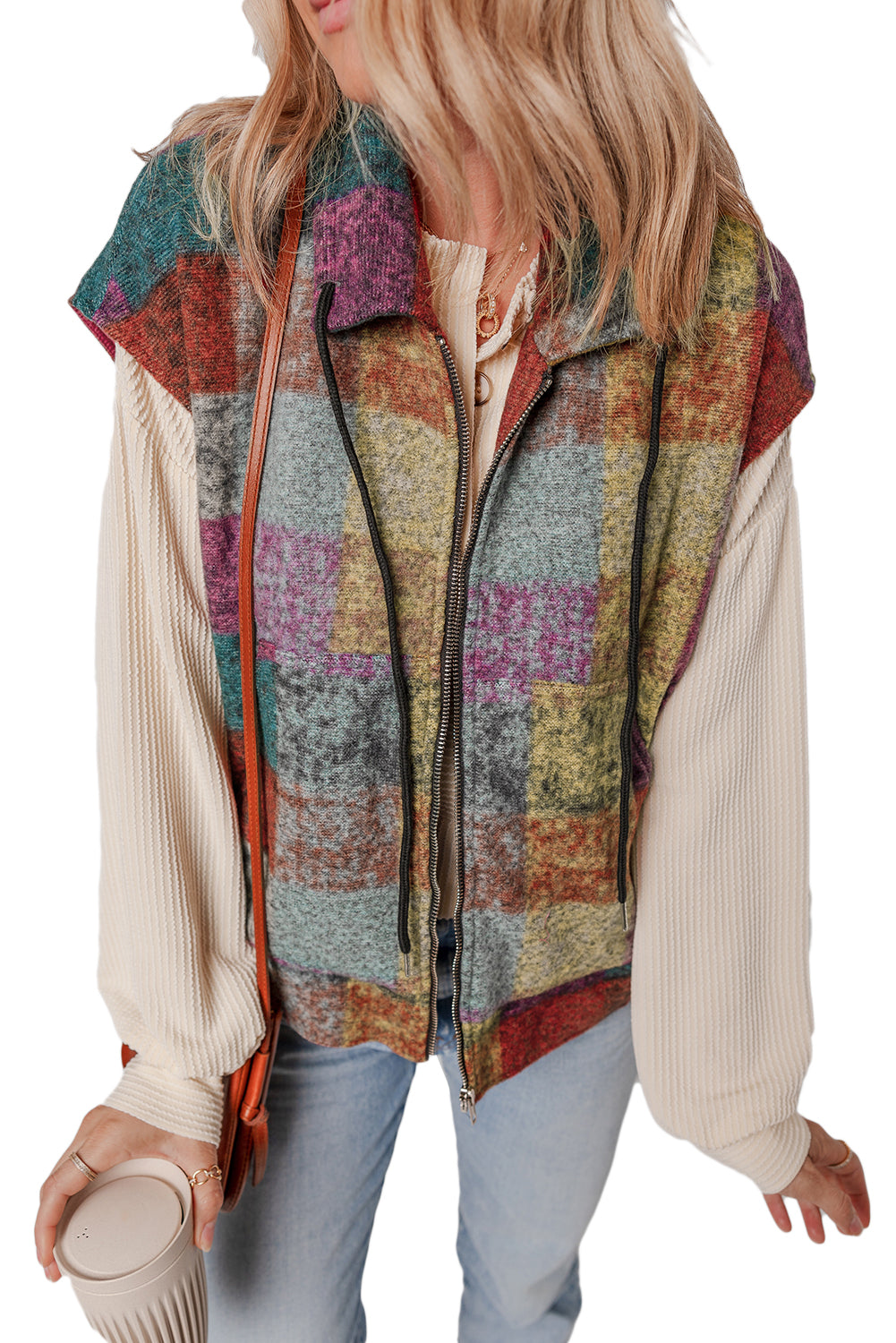 Multicolour Plaid Print Loose Sleeveless Jacket eAura