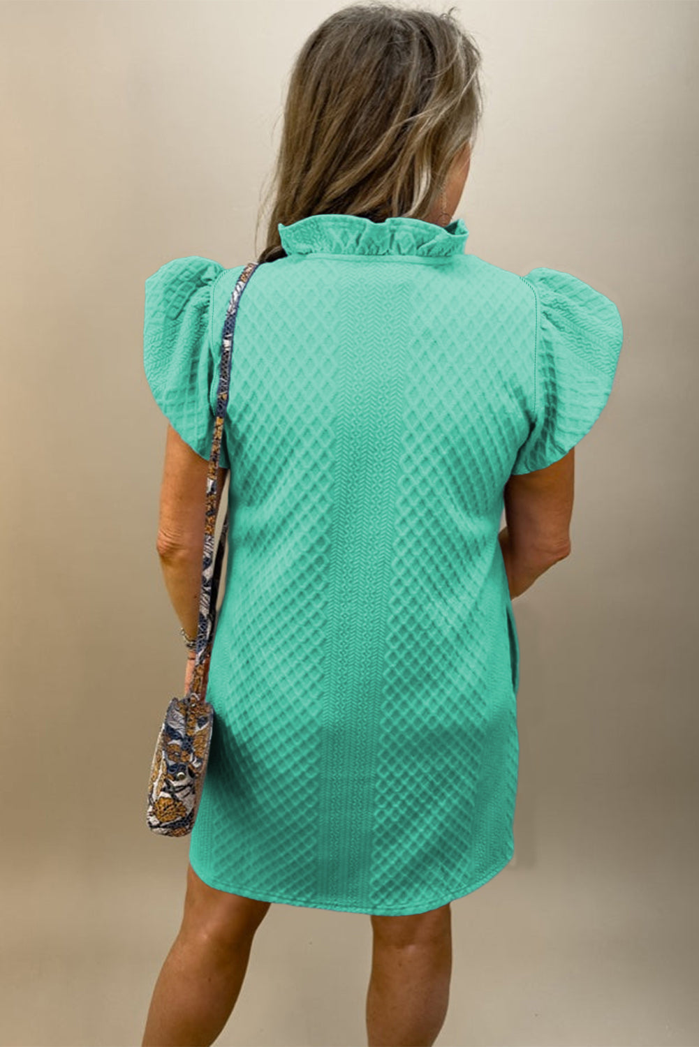 Sea Green Textured Puff Sleeve Ruffled V Neck Shift Mini Dress eAura