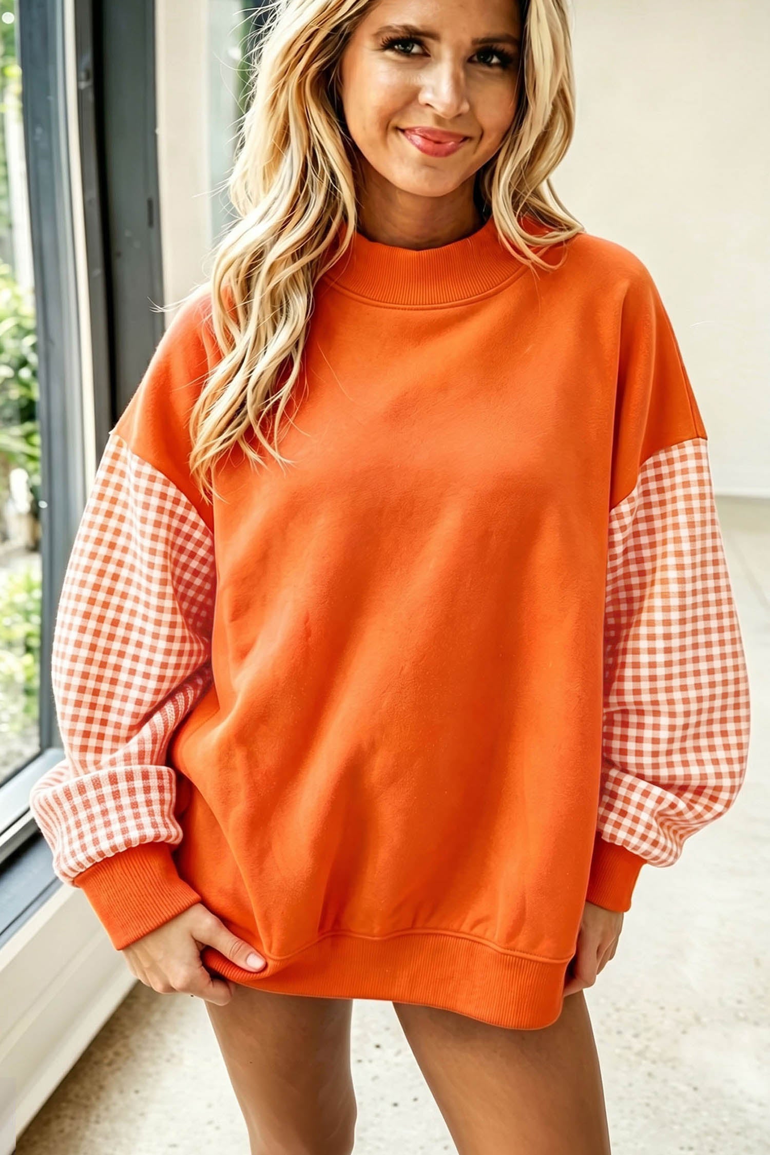 Plaid Sleeve Colorblock Loose Tunic Sweatshirt – Fiery Red