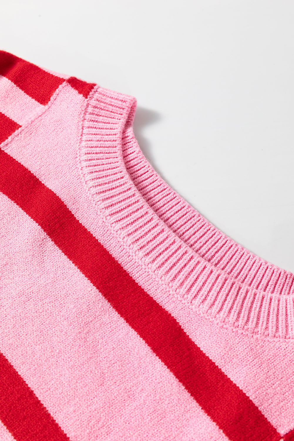 Pink Stripe Bubble Sleeve Drop Shoulder Ribbed Trim Sweater eAura