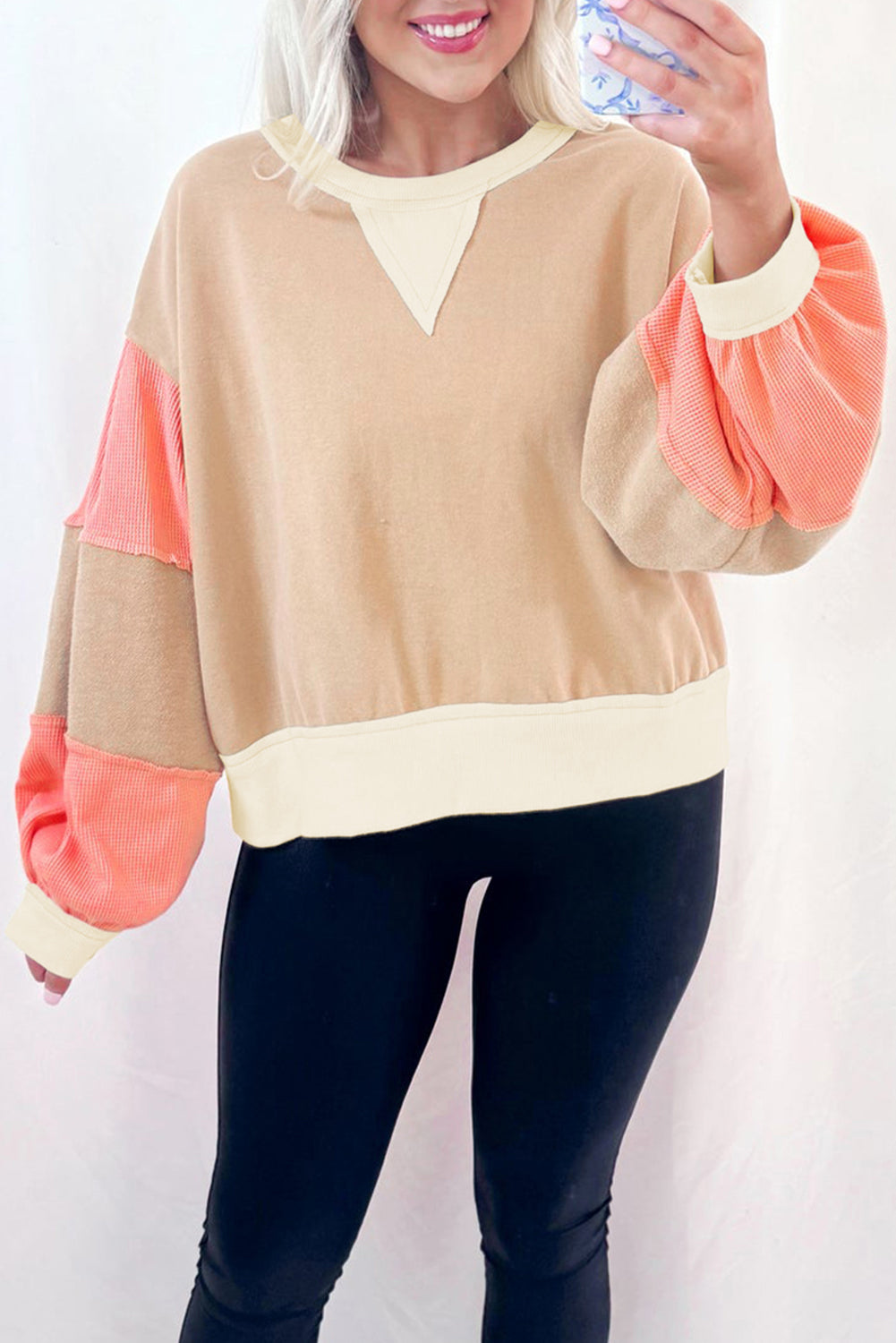 Beige Textured Patchwork Pullover Sweatshirt - eAura