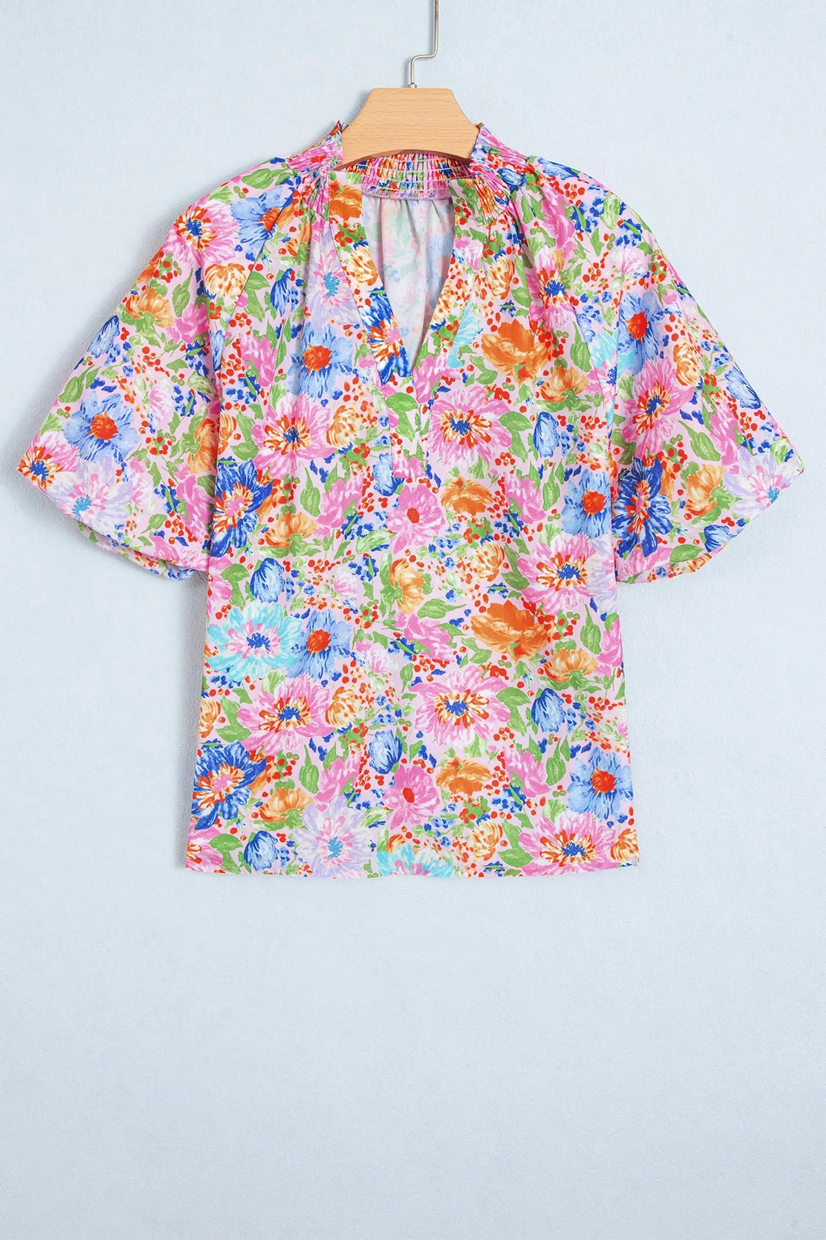 Floral Print V Neck Short Sleeve Shift Blouse – Pink