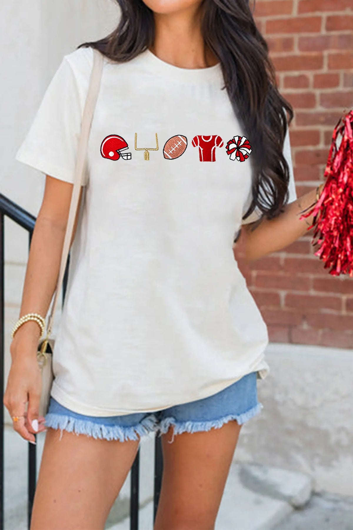 Embroidered Game Day Theme Football Graphic Tee – White