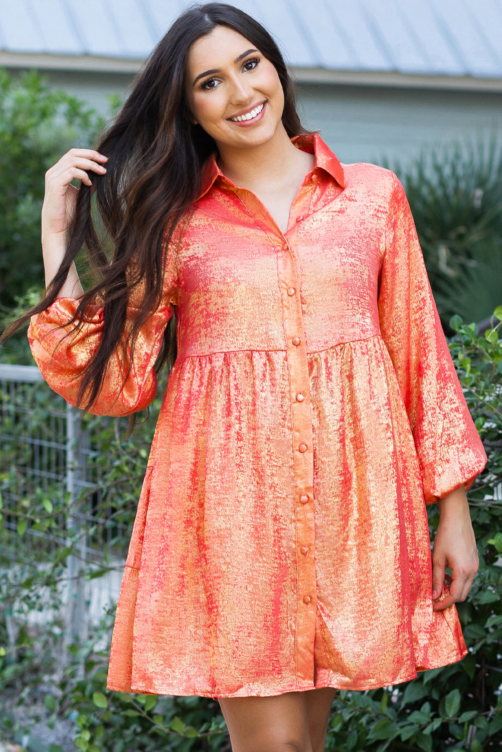 Peach Blossom Metallic Sheen Puff Sleeve Button Up Mini Shirt Dress eAura