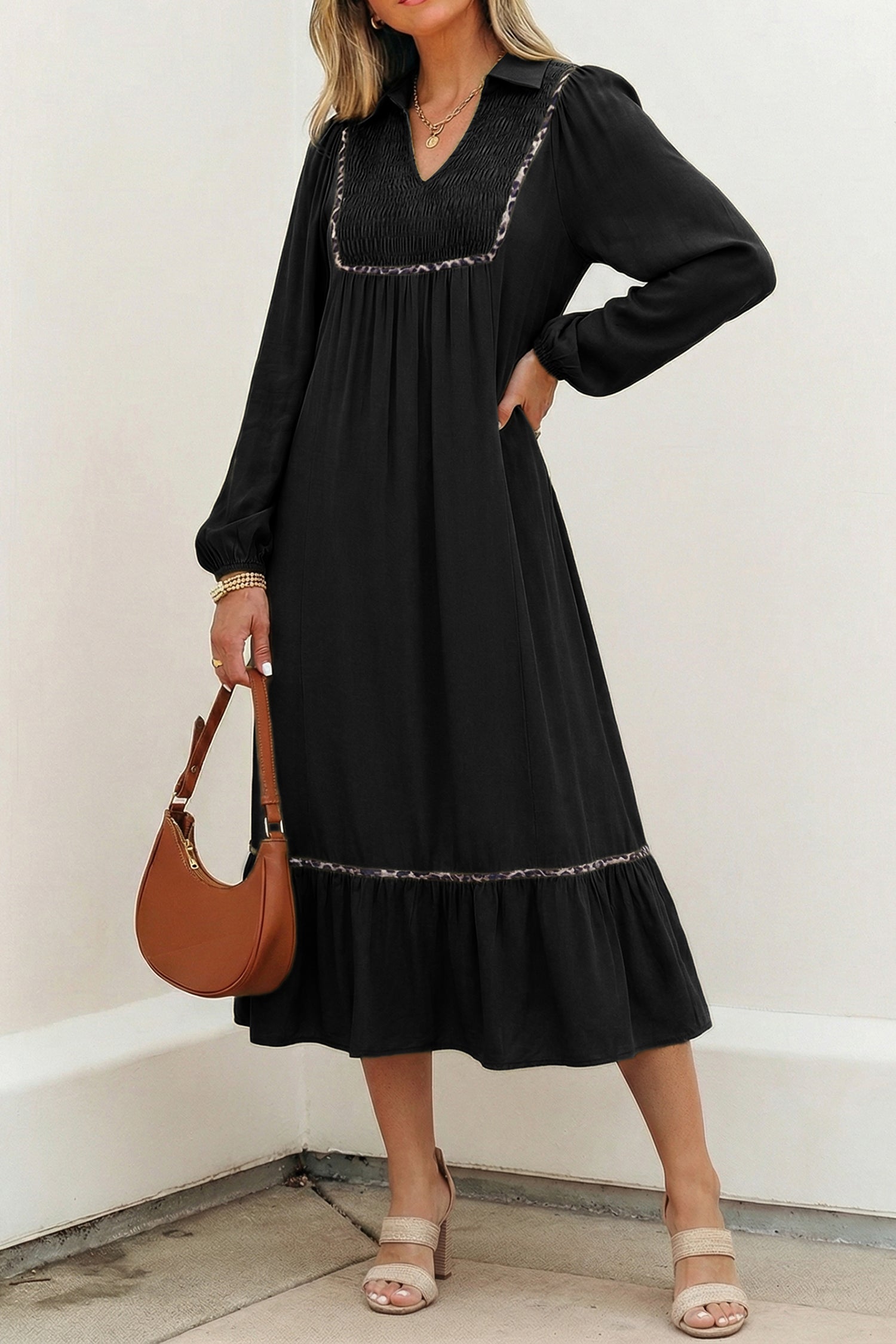 Collared V-Neck Smocked Detail Contrast Leopard Trim Bracelet Sleeve Long Dress