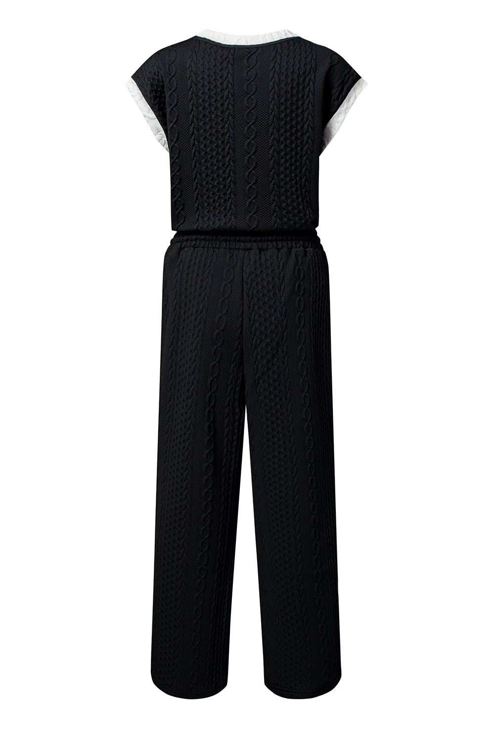 Black Cable Knit Contrast Trim Short Sleeve Top and Trousers Set eAura