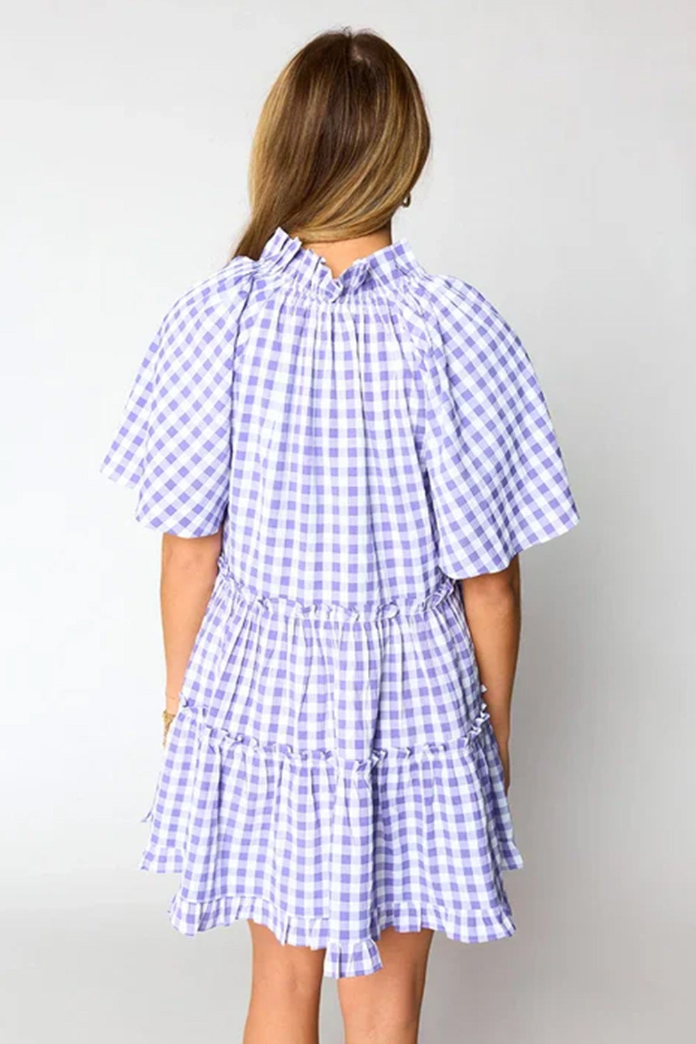 Lavendula Plaid Ruffle Wide Short Sleeve Babydoll Mini Dress eAura