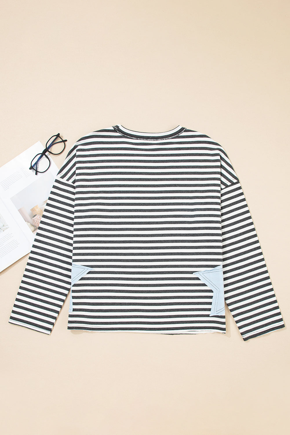 Stripe Starry Patch Drop Shoulder Raw Edge Casual Top - eAura