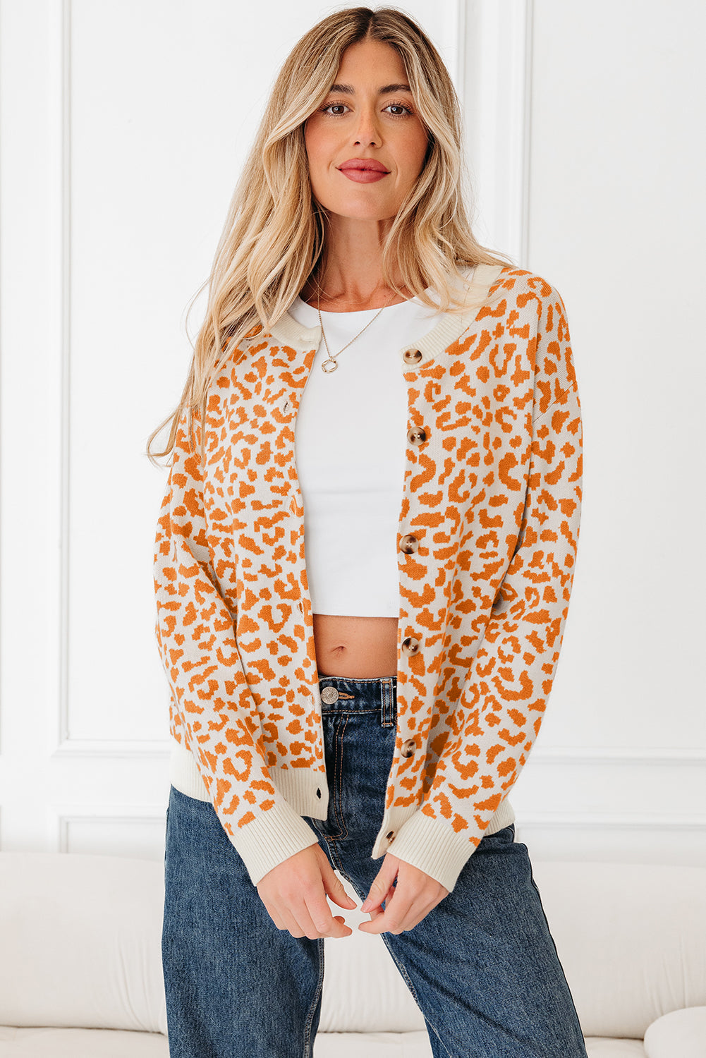 Leopard Print Drop Shoulder Chunky Knit Cardigan - eAura