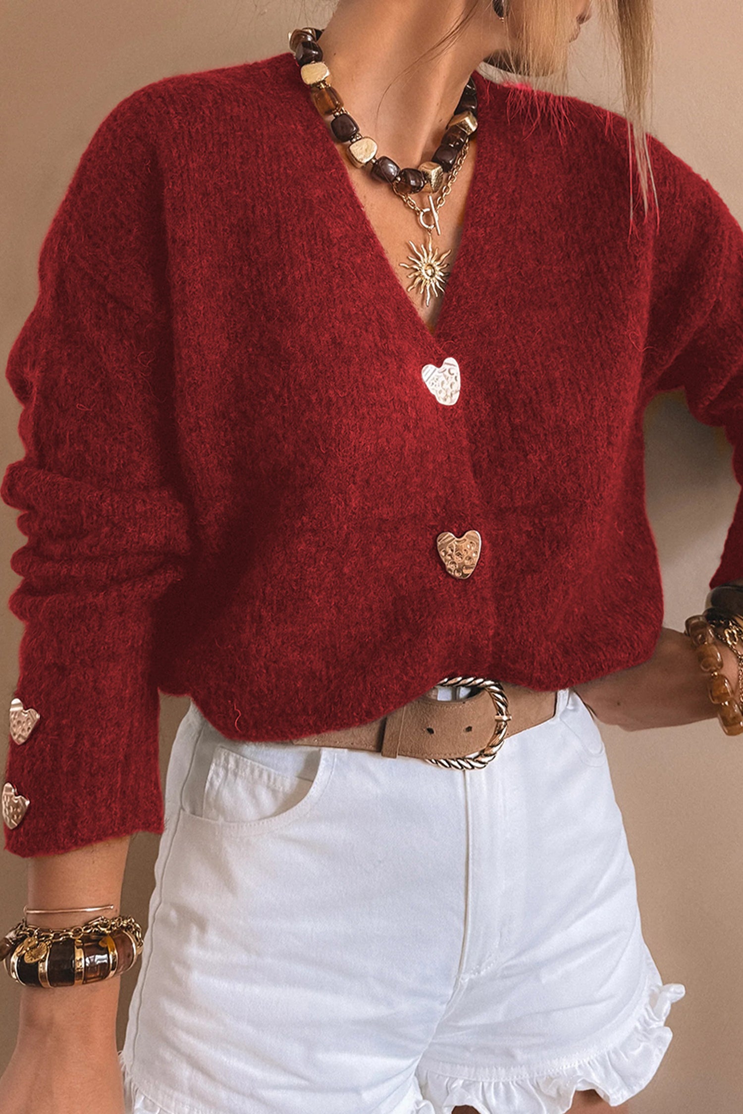 Heart Metal Button V-Neck Cardigan