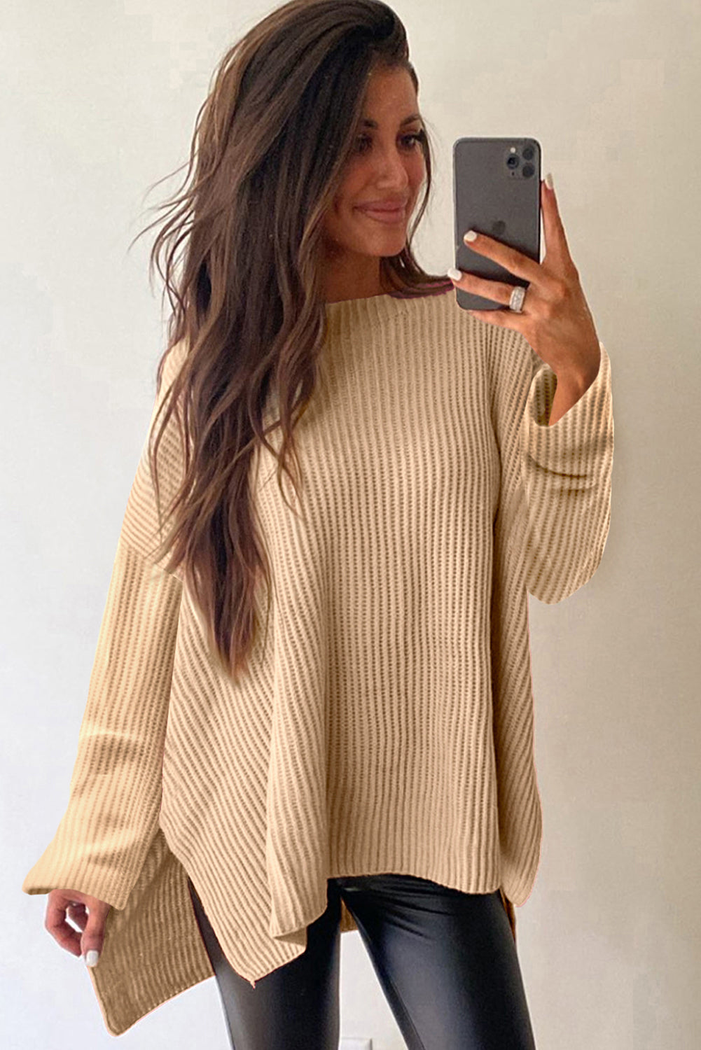 Apricot Cable Knit Drop Shoulder Side Slits Loose Sweater Beagle Boutique Fashion Outlet