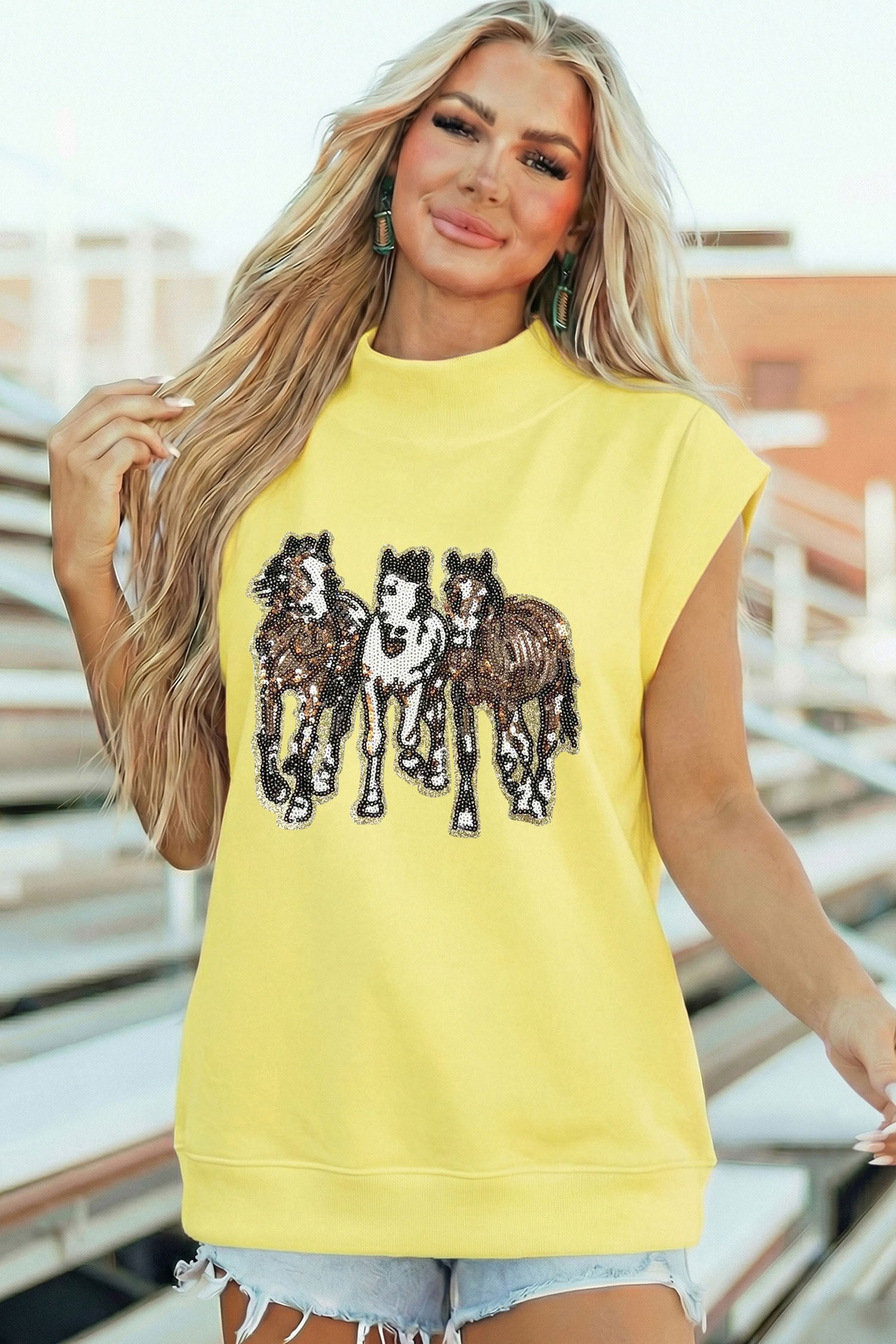 High Neck Sequin Horse Cap Sleeve Tunic Top – Yellow
