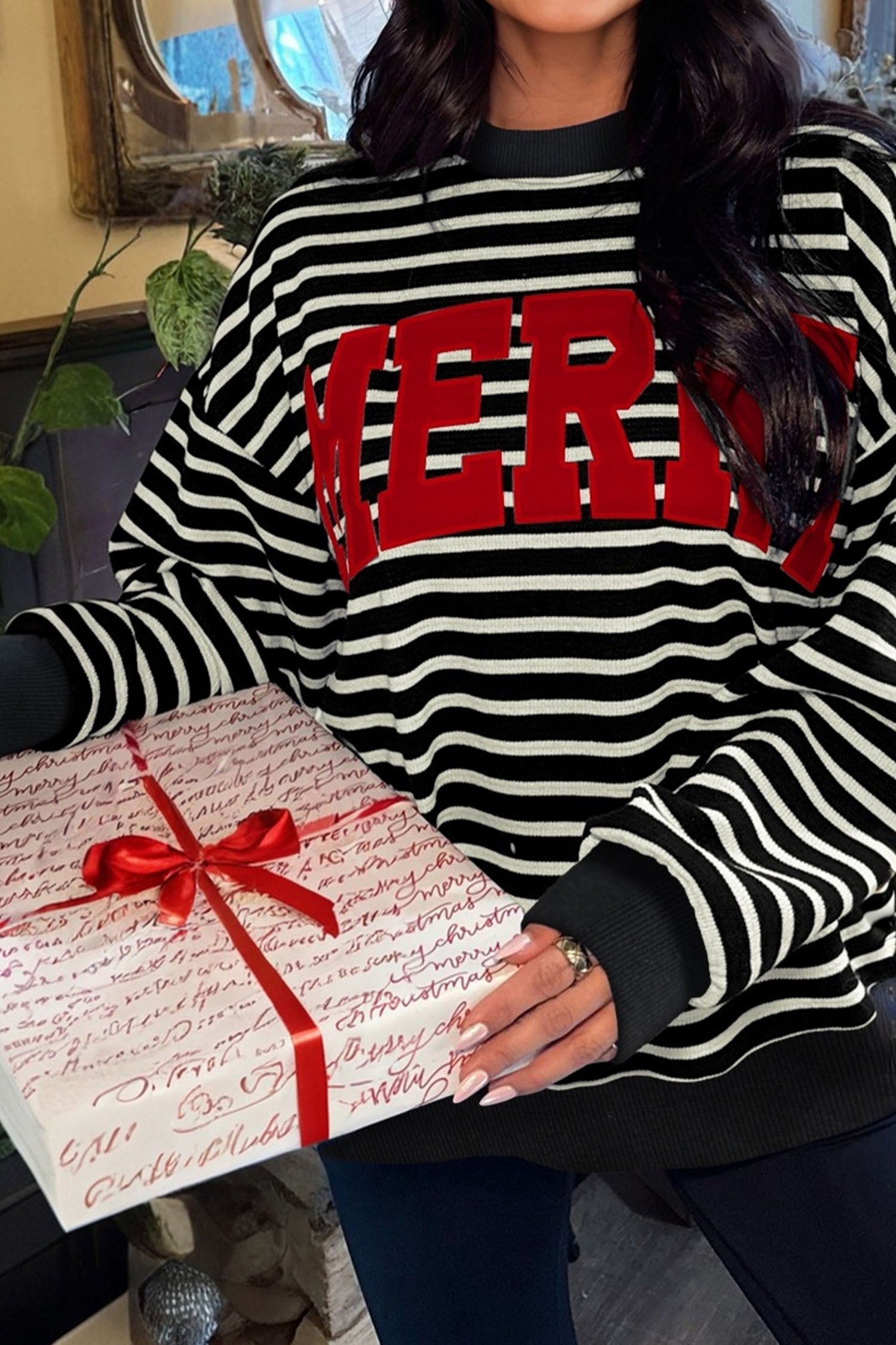Black Stripe Contrast MERRY Letter Christmas Print Drop Shoulder Sweatshirt - eAura