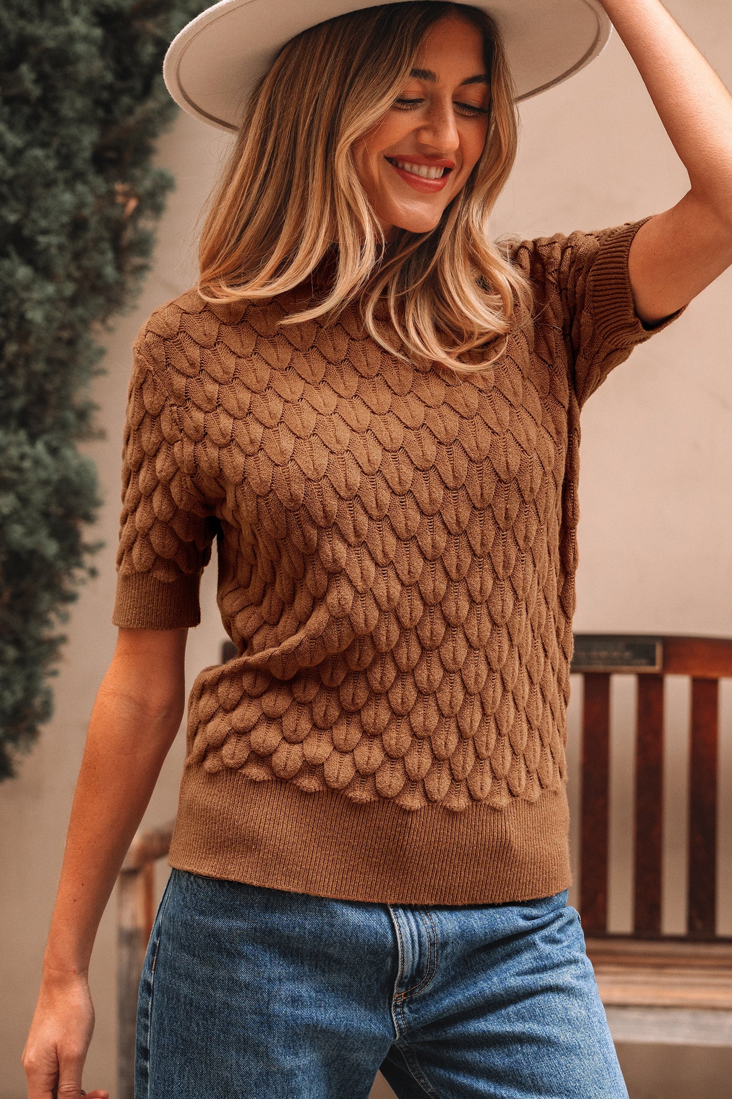Fish Scale Textured Knit Ribbed High Neck Short Sleeve Sweater - eAura