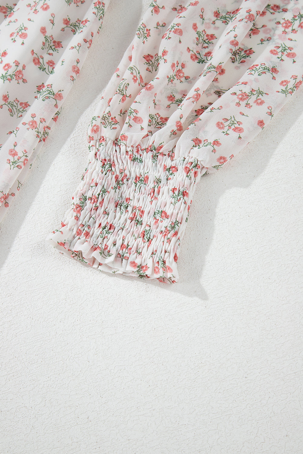 White Floral Print Shirred Ruffled Hem Square Neck Midi Dress eAura