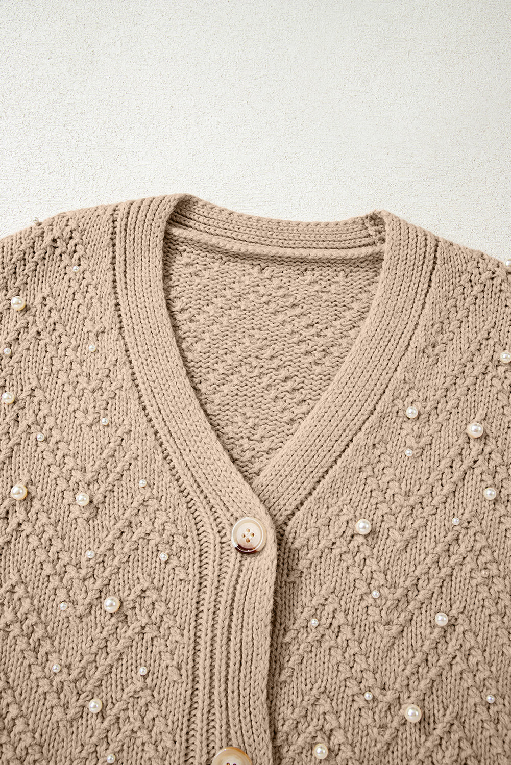 Pearl Embellished Buttoned V-Neck Knit Cardigan