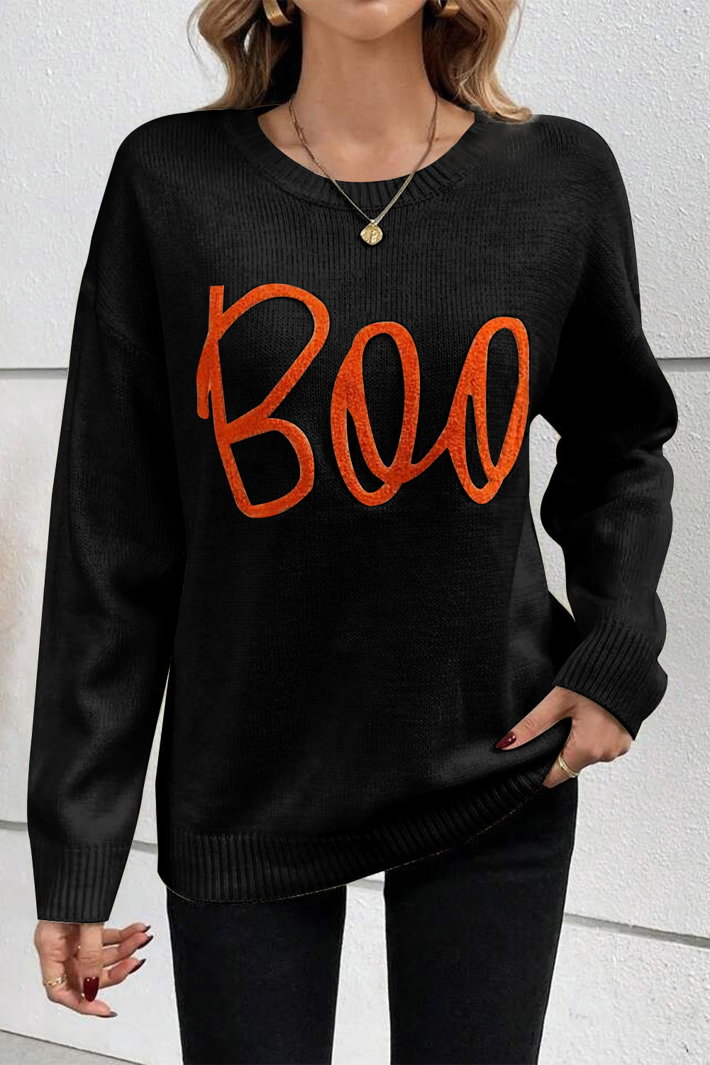 Black Boo Knitted Pattern Ribbed Edge Drop Shoulder Sweater eAura