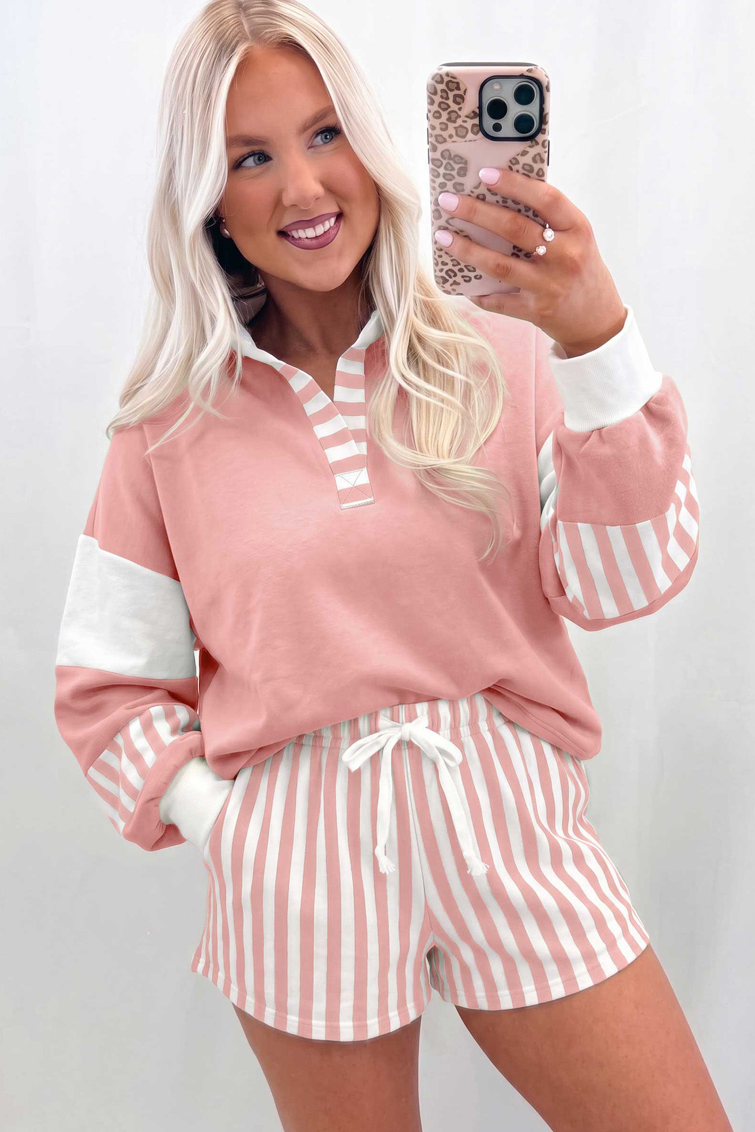 Gossamer Pink Striped Color Block Pullover Top Drawstring Shorts Set – Light Pink