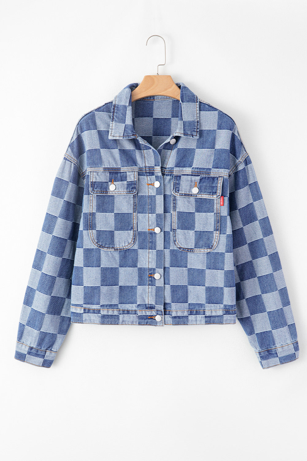 Light Blue Checkered Patchwork Button up Denim Jacket Beagle Boutique Fashion Outlet