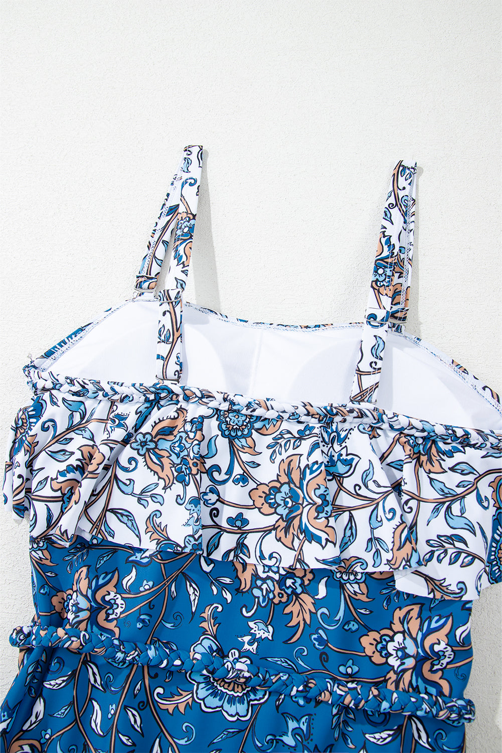 Sky Blue Floral Printed Ruffle Removable Strap One Piece Swimsuit eAura